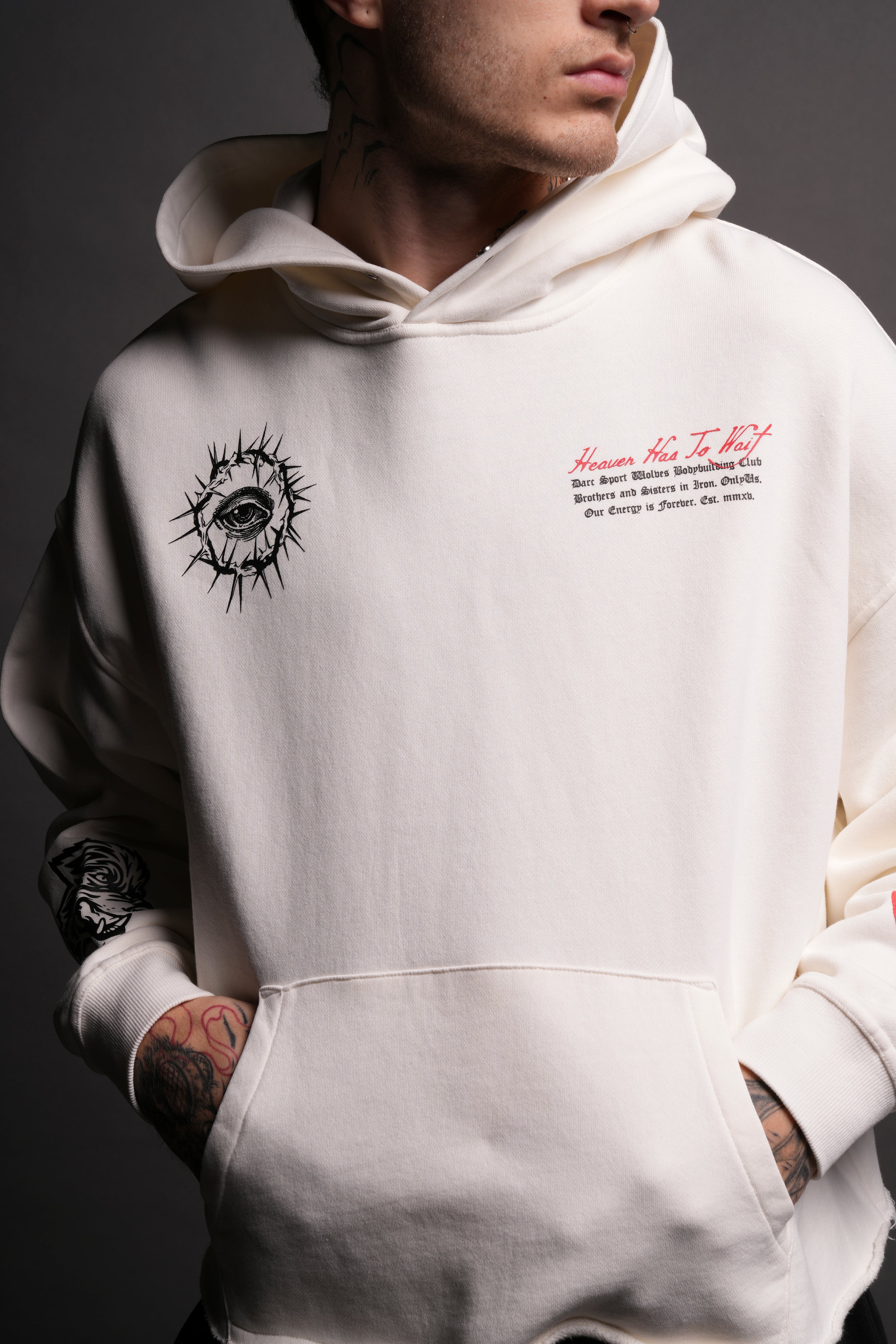 Awake Raw Hem "Box Cut" Pierce Hoodie in Cream