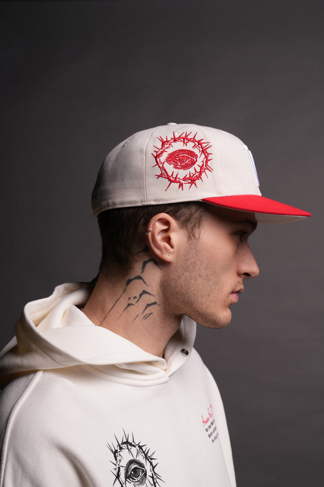 All Seeing W Fitted Hat in Cream/Roman Red