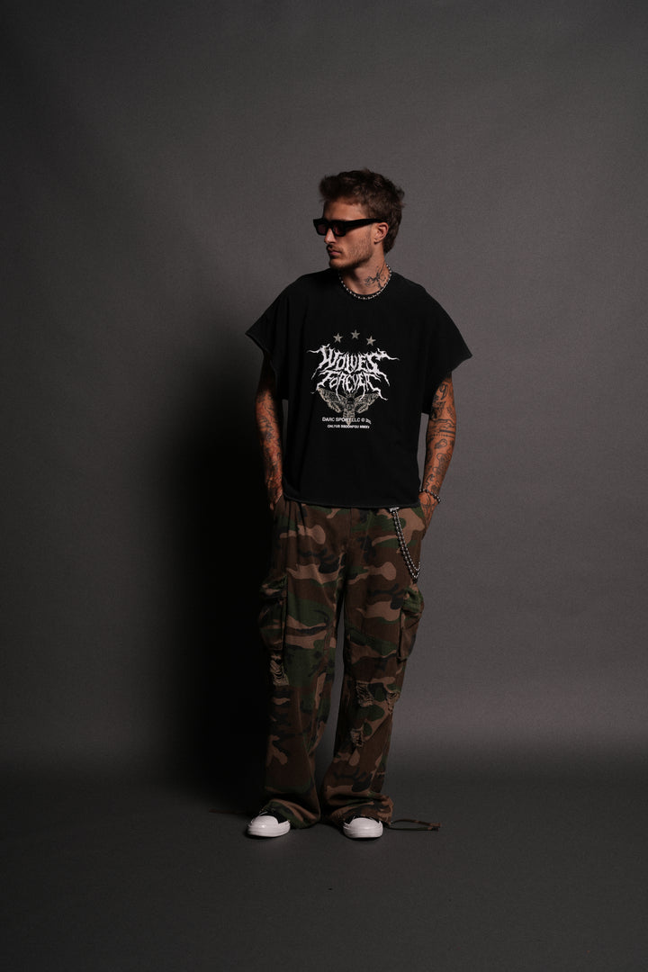 Iron Pack Grunge Cut-Off Tee in Black