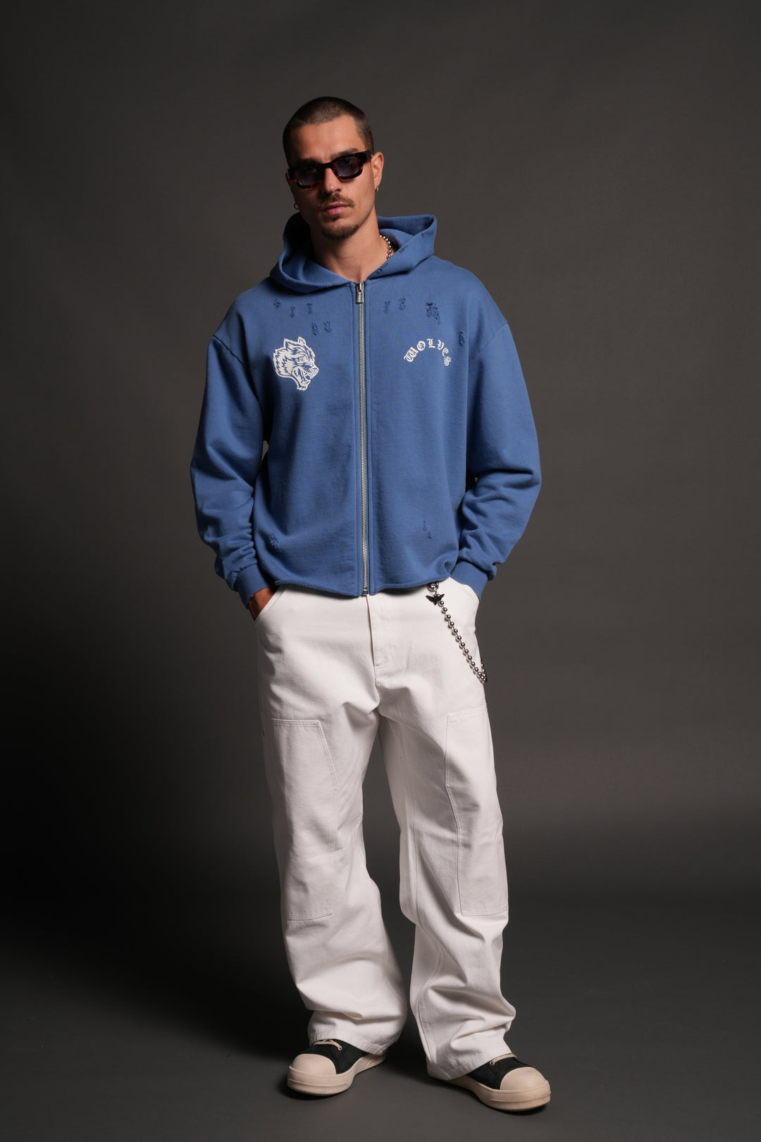 Los Cherub Distressed Grunge Mid Length Raw Hem Zip Hoodie in La Blue