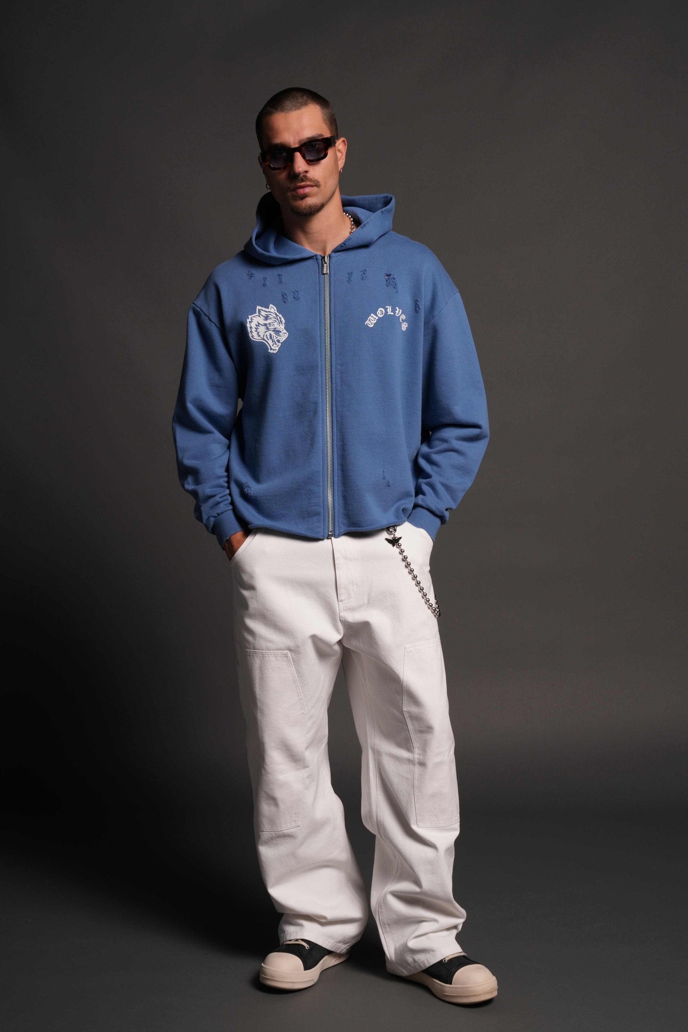 Los Cherub Distressed Grunge Mid Length Raw Hem Zip Hoodie in La Blue
