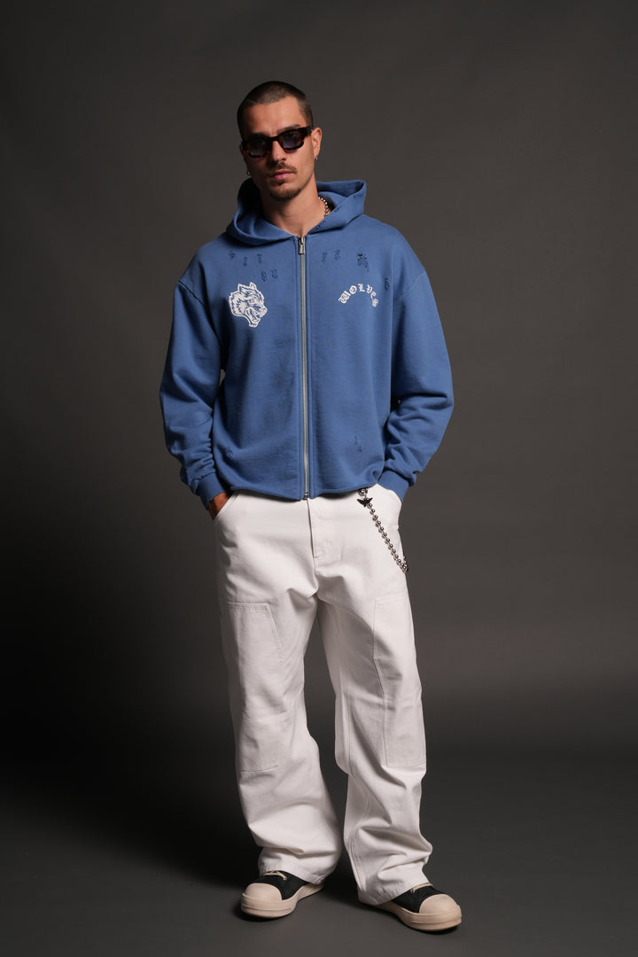 Los Cherub Distressed Grunge Mid Length Raw Hem Zip Hoodie in La Blue