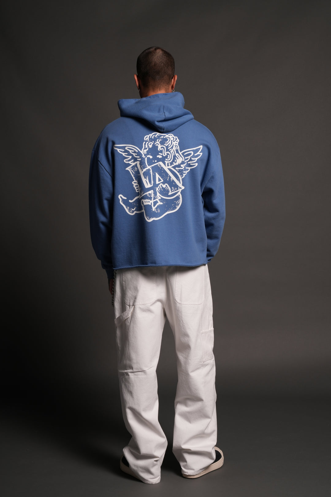 Los Cherub Distressed Grunge Mid Length Raw Hem Zip Hoodie in La Blue