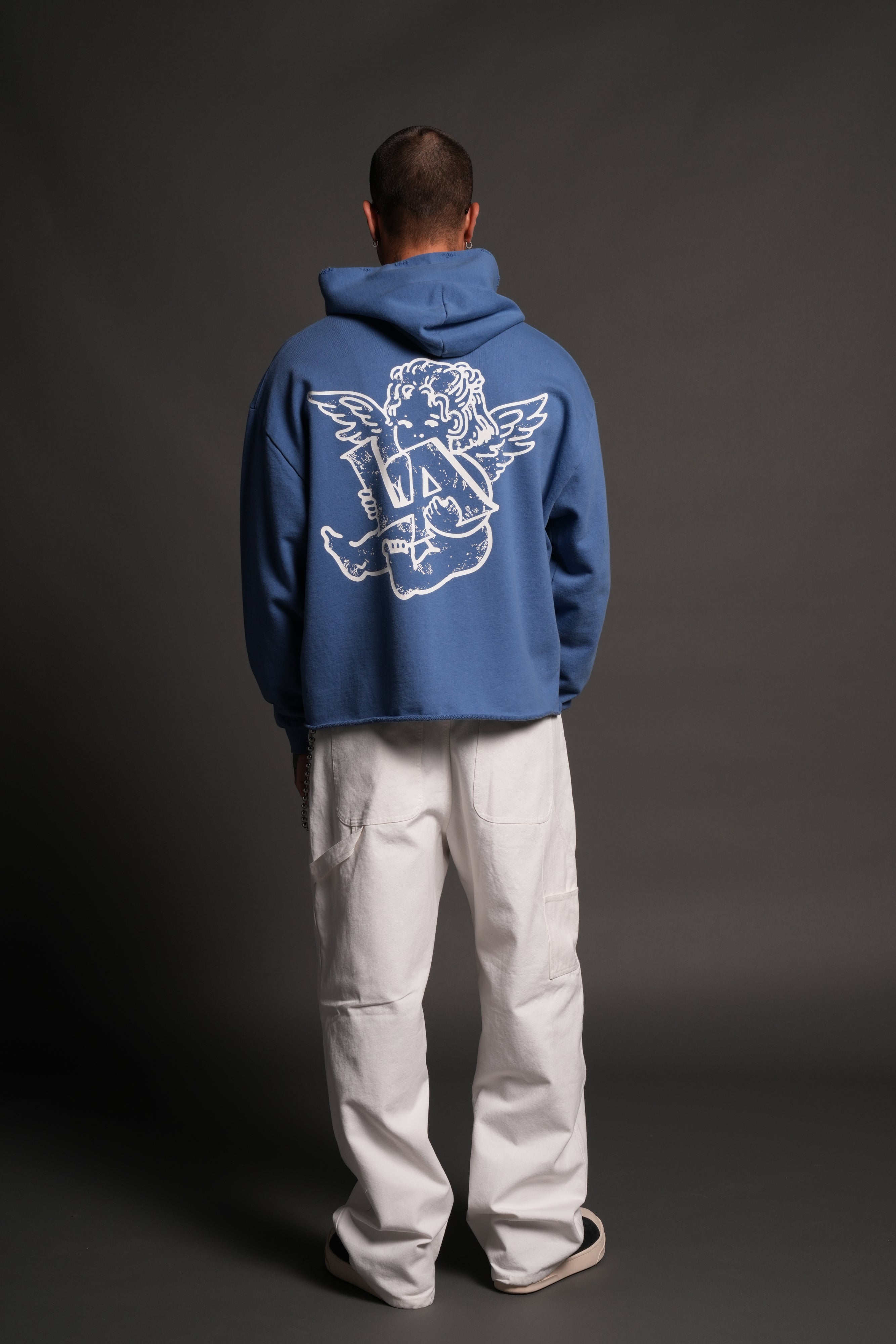 Los Cherub Distressed Grunge Mid Length Raw Hem Zip Hoodie in La Blue