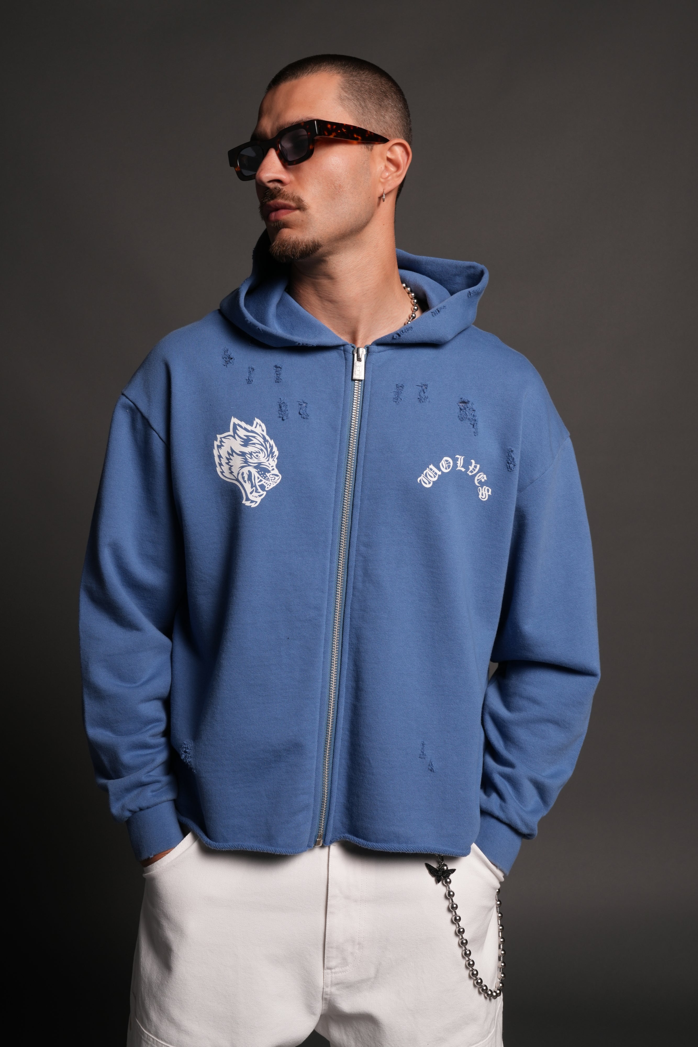 Los Cherub Distressed Grunge Mid Length Raw Hem Zip Hoodie in La Blue