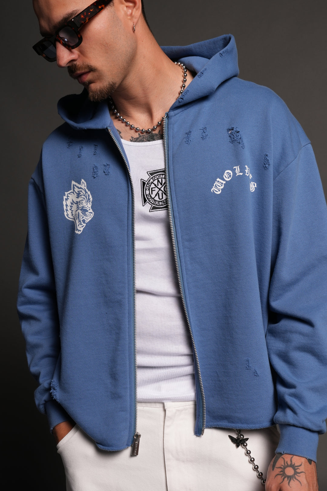 Los Cherub Distressed Grunge Mid Length Raw Hem Zip Hoodie in La Blue