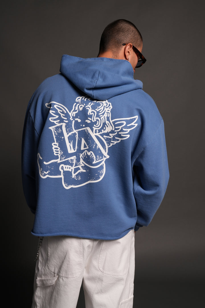 Los Cherub Distressed Grunge Mid Length Raw Hem Zip Hoodie in La Blue