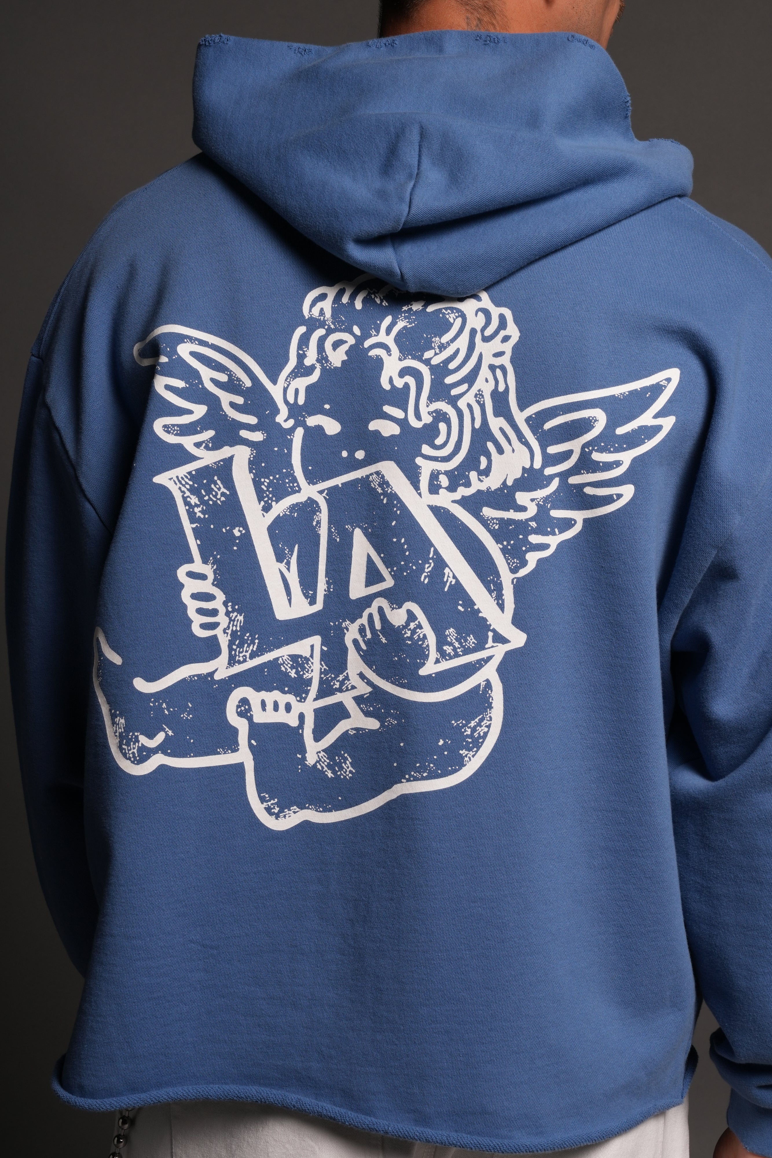 Los Cherub Distressed Grunge Mid Length Raw Hem Zip Hoodie in La
