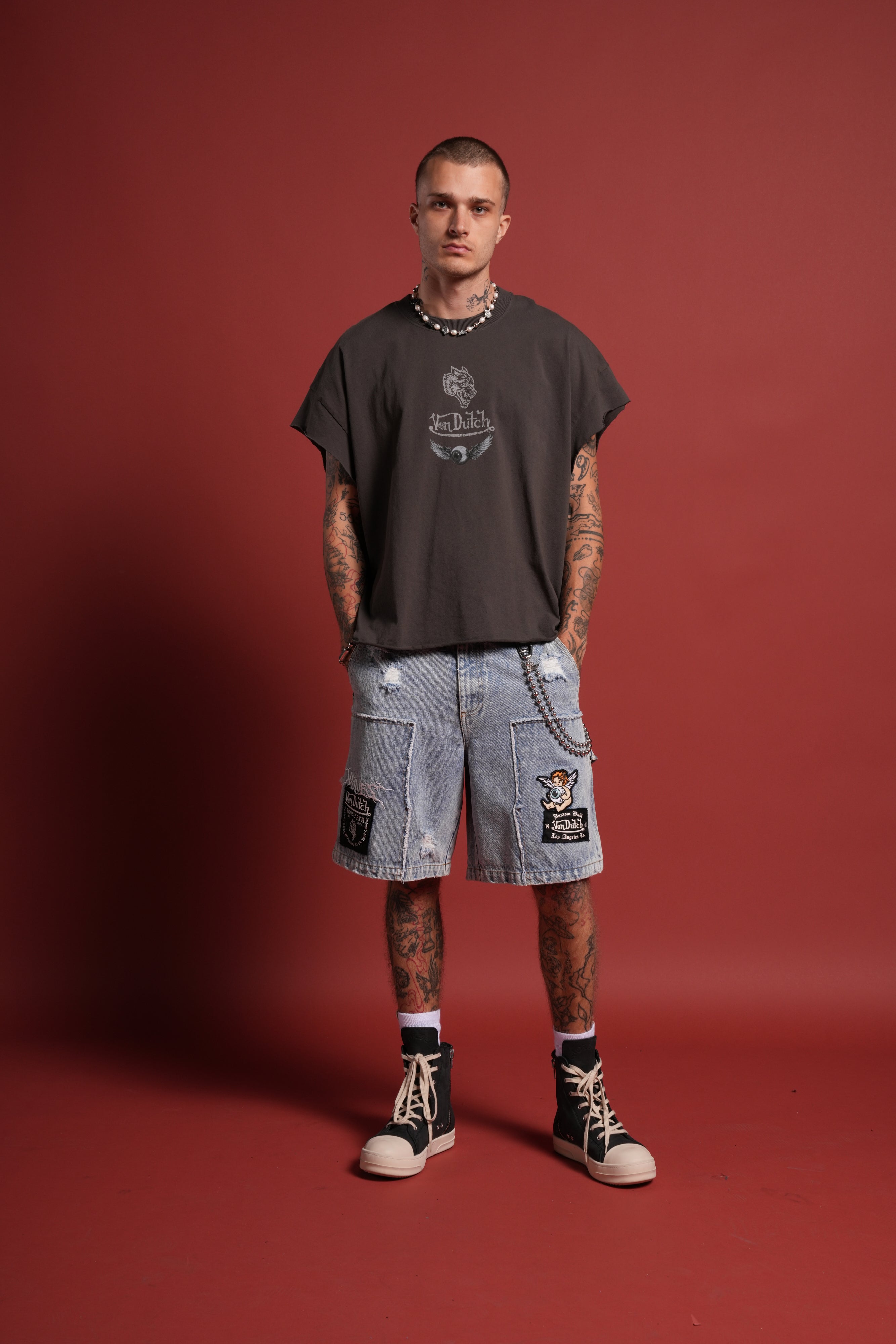 Darc Vice Distressed Denim Carpenter Shorts in Light Wash