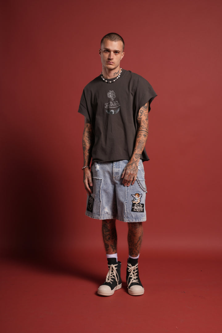 Take-Off Grunge Cut-Off Mid-Length Raw Hem Tee in Wolf Gray