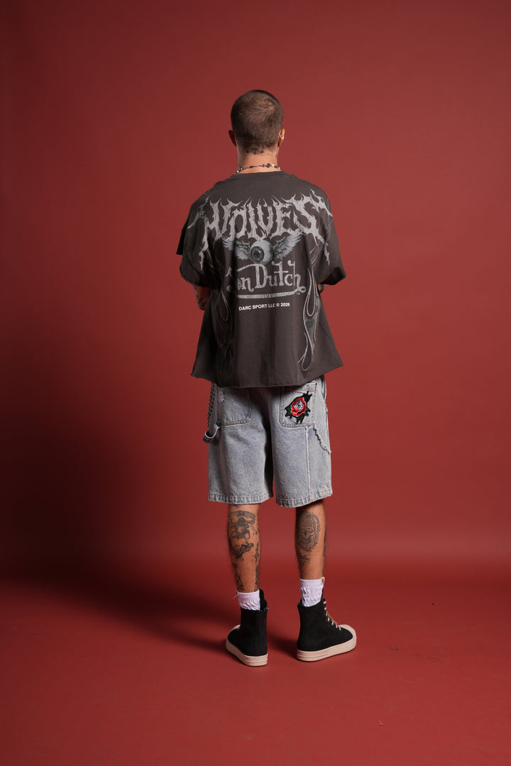 Darc Vice Distressed Denim Carpenter Shorts in Light Wash