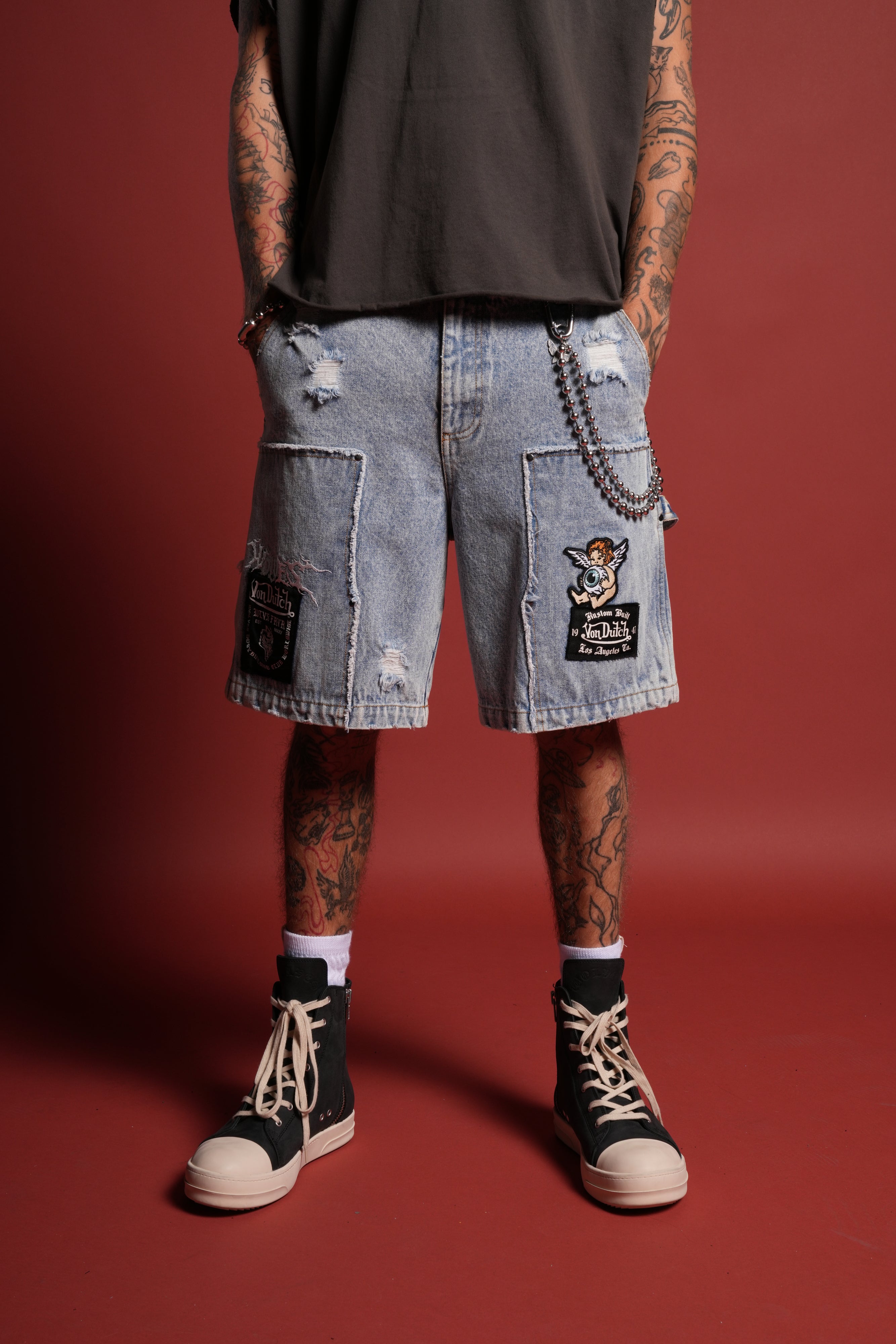 Darc Vice Distressed Denim Carpenter Shorts in Light Wash