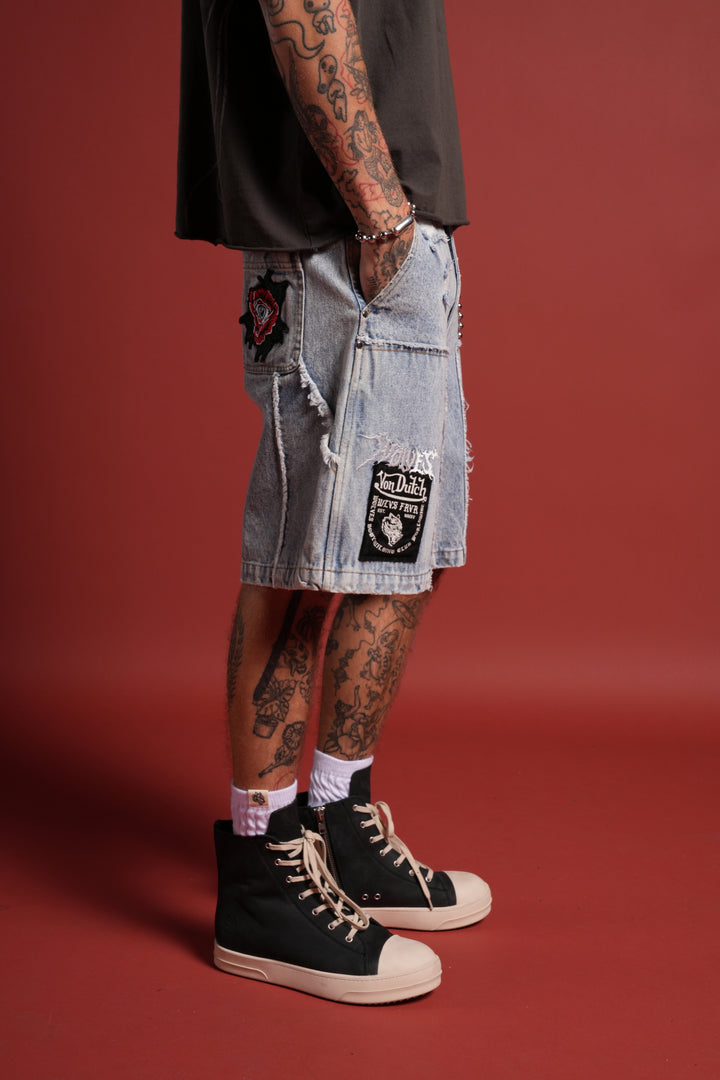 Darc Vice Distressed Denim Carpenter Shorts in Light Wash
