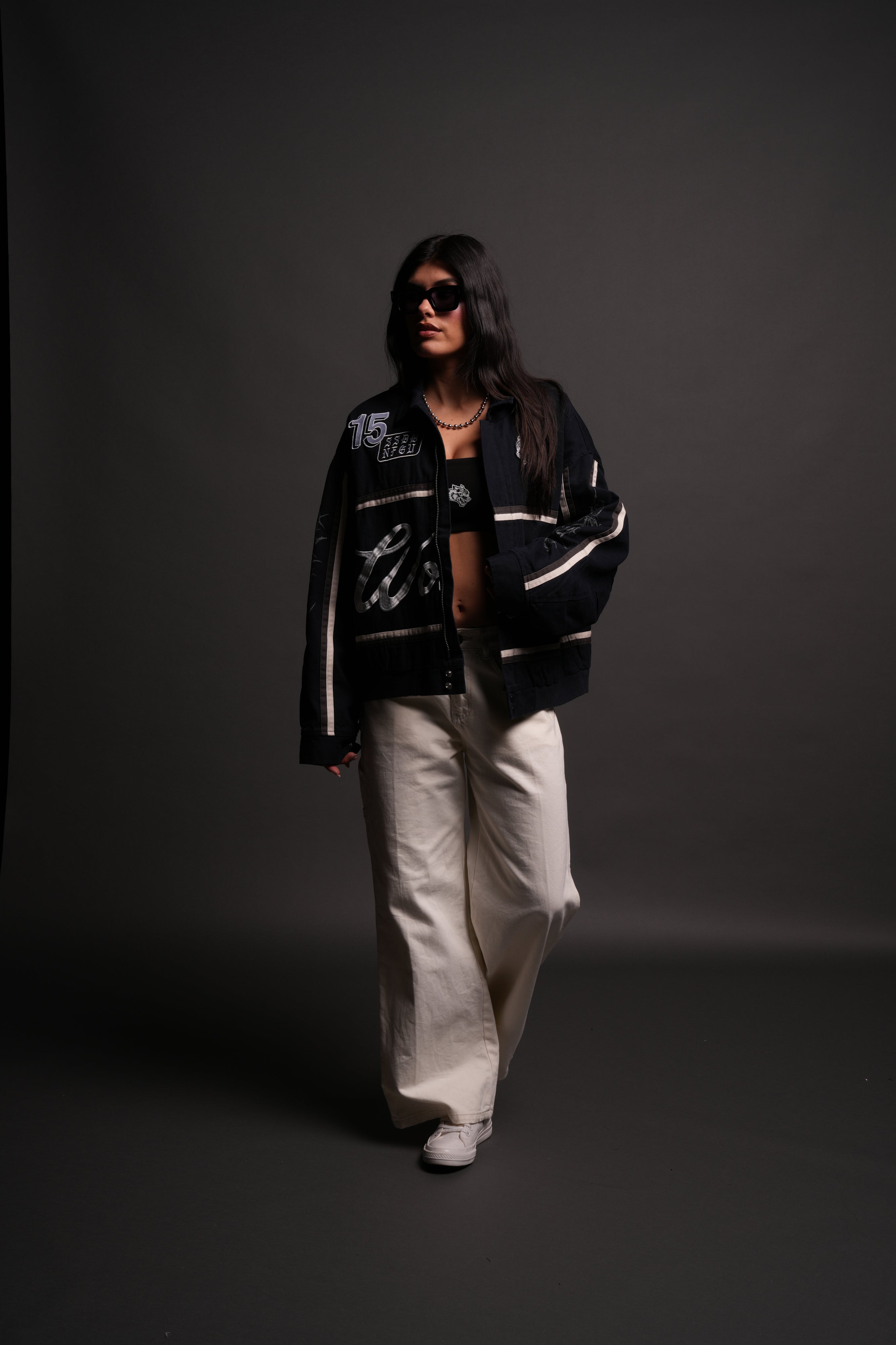 Wolves Club Script Big Moe Jacket in Navy/Cream/Wolf Gray
