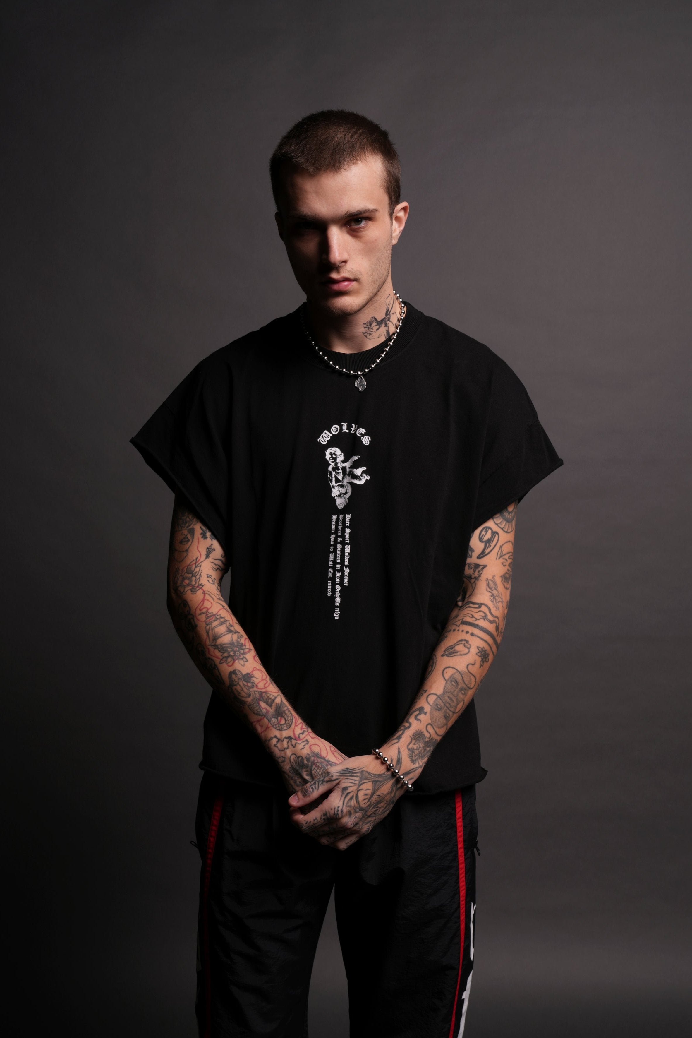 Guardian Cherub "Grunge" Cut Off Tee in Black