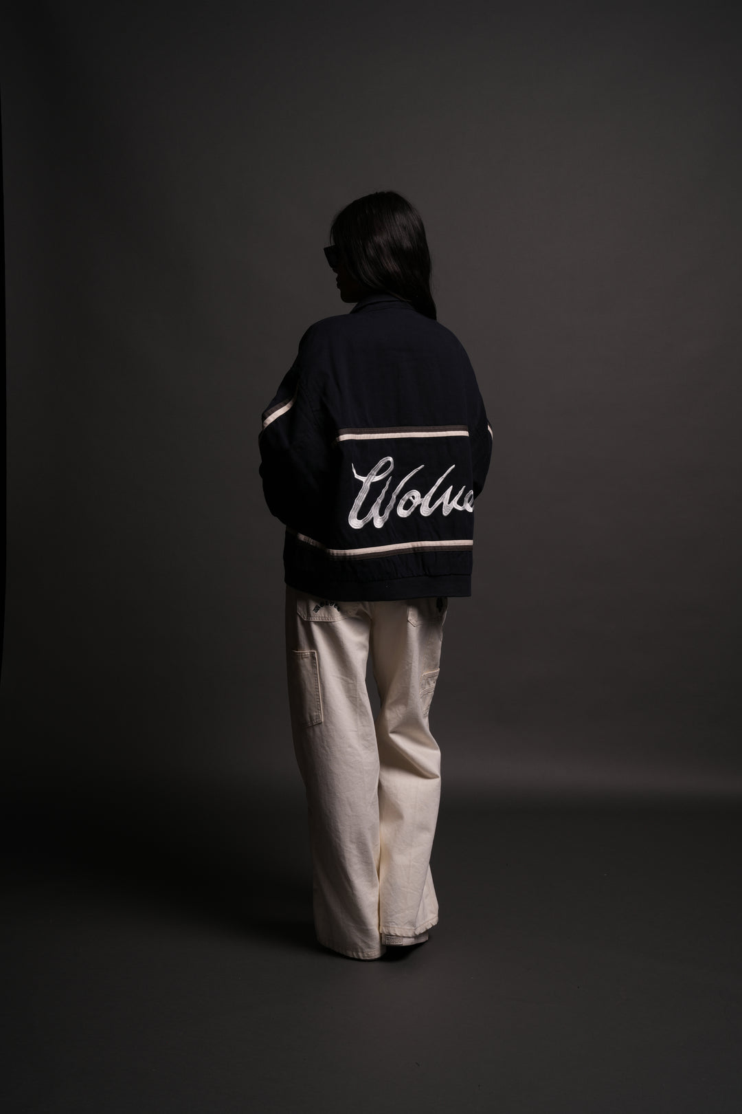 Wolves Club Script Big Moe Jacket in Navy/Cream/Wolf Gray