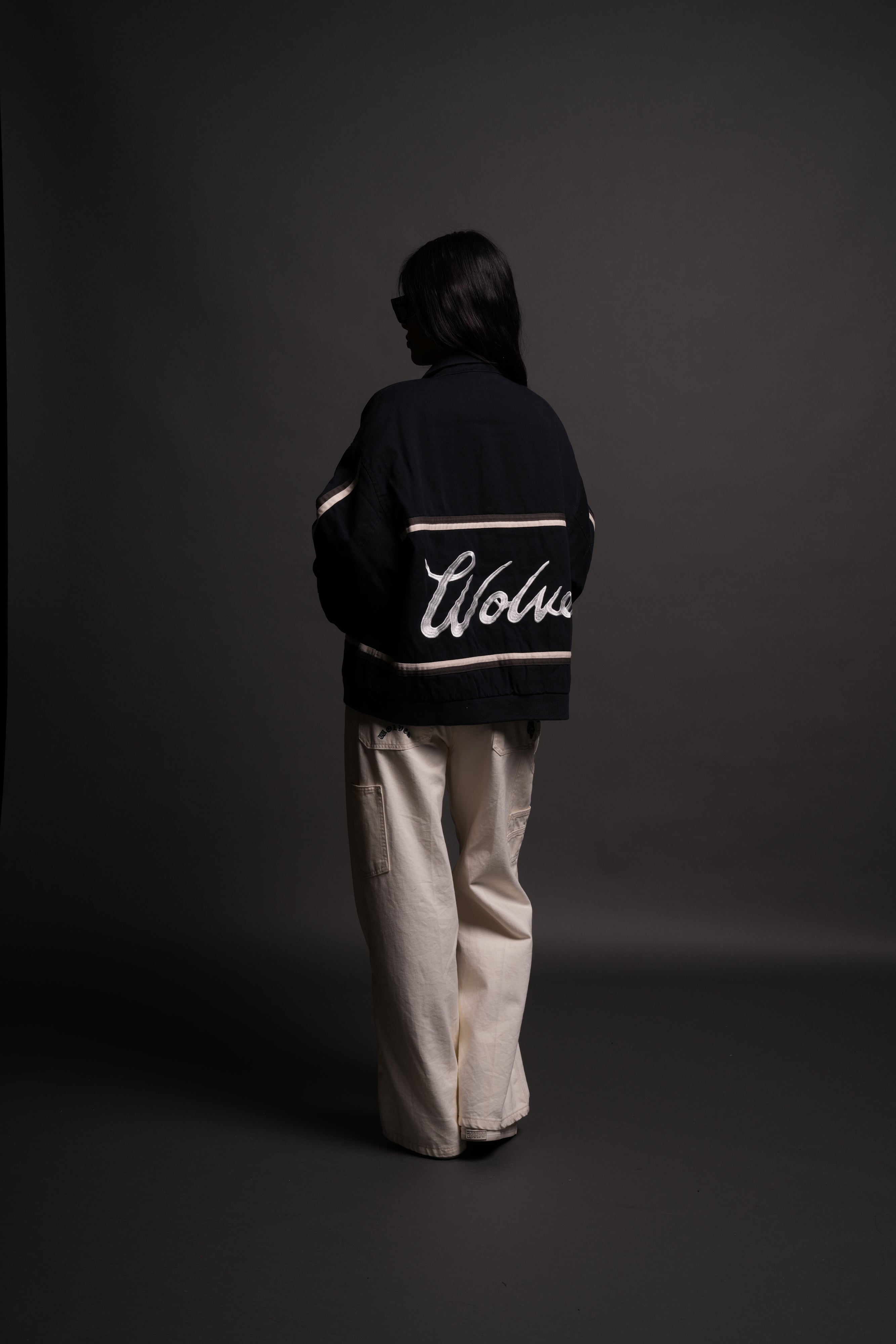 Wolves Club Script Big Moe Jacket in Navy/Cream/Wolf Gray