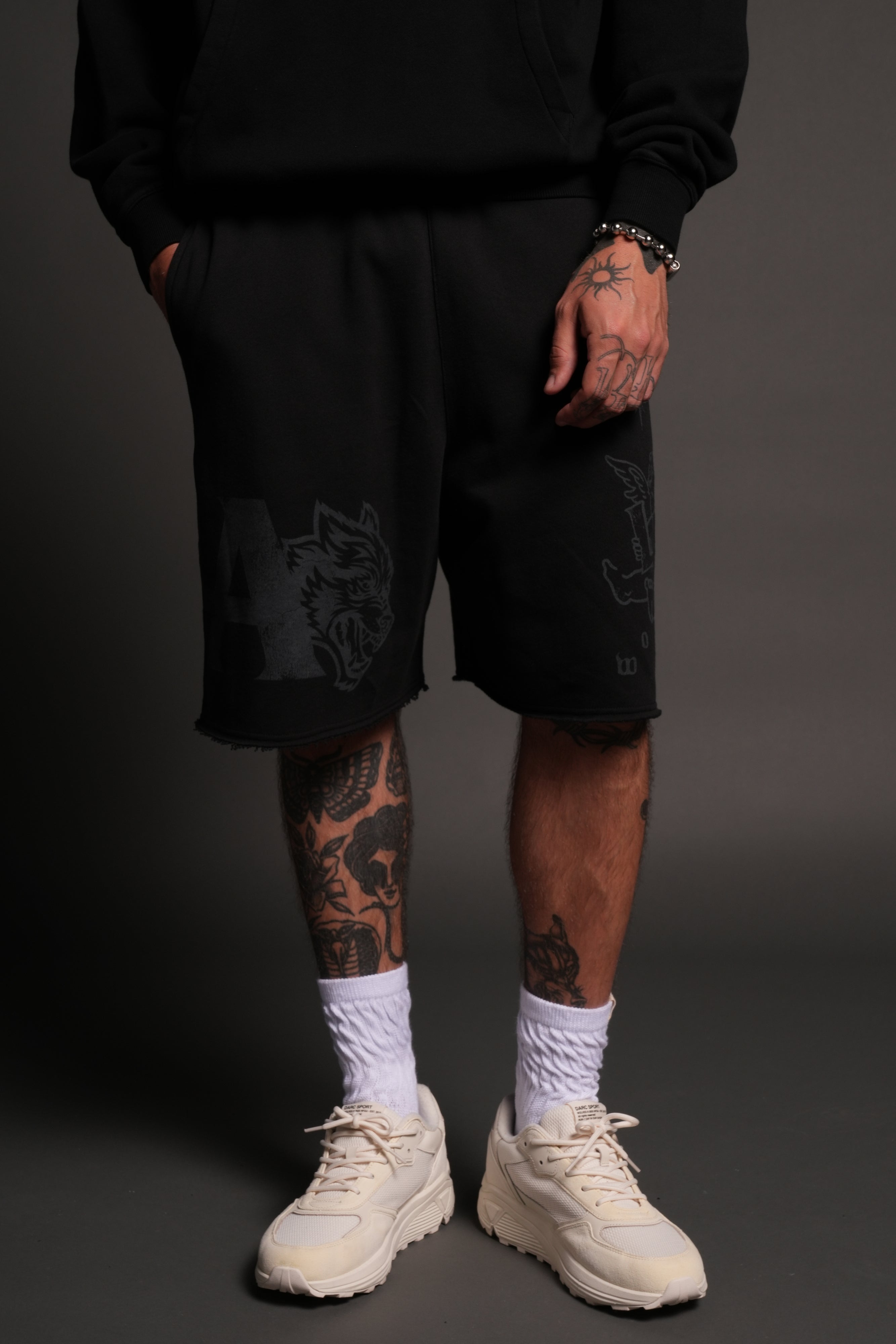 Homage To La Raw Hem Oversized Post Lounge Sweat Shorts in Black