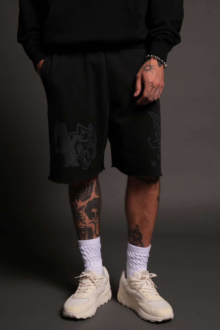 Homage To La Raw Hem Oversized Post Lounge Sweat Shorts in Black