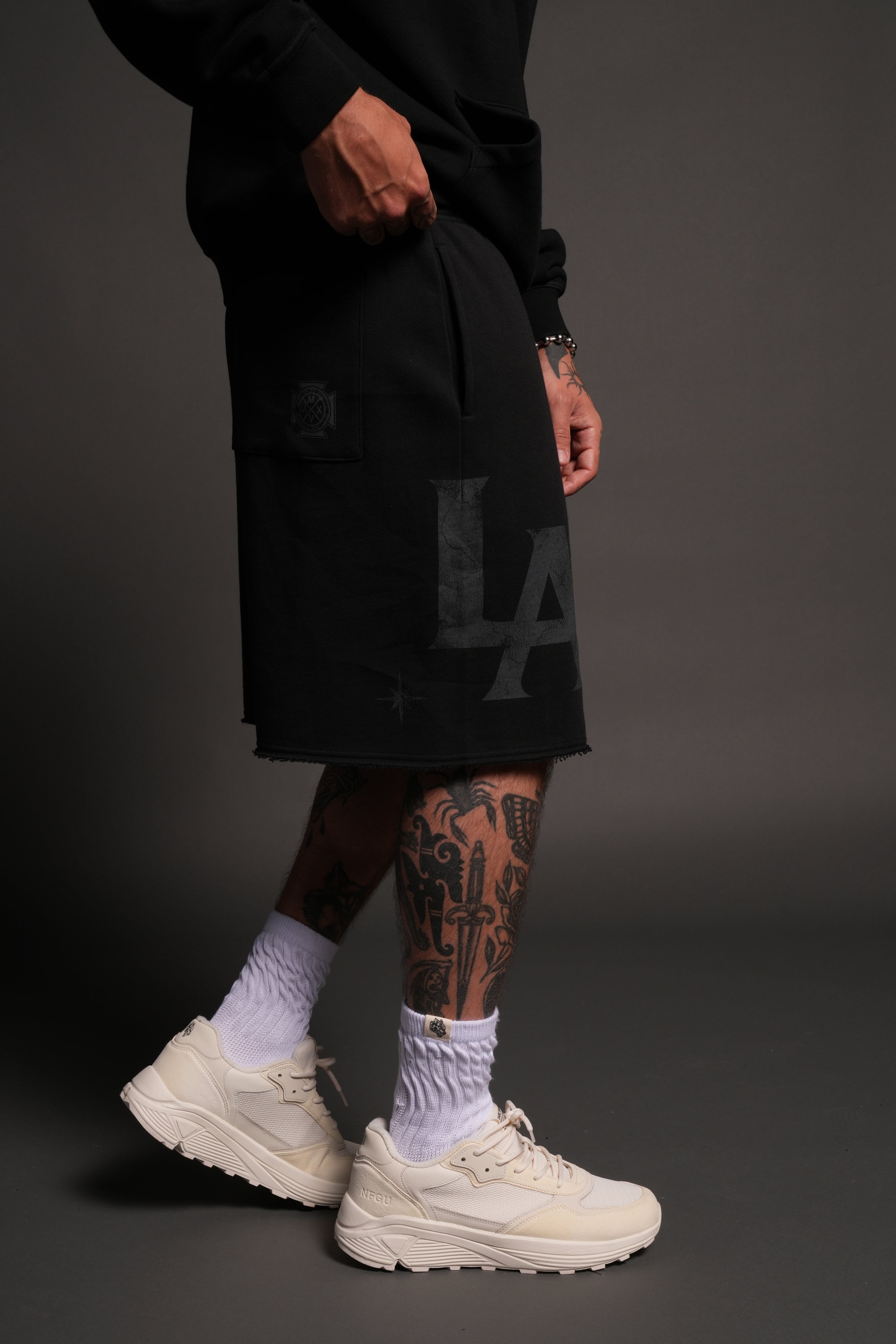 Homage To La Raw Hem Oversized Post Lounge Sweat Shorts in Black