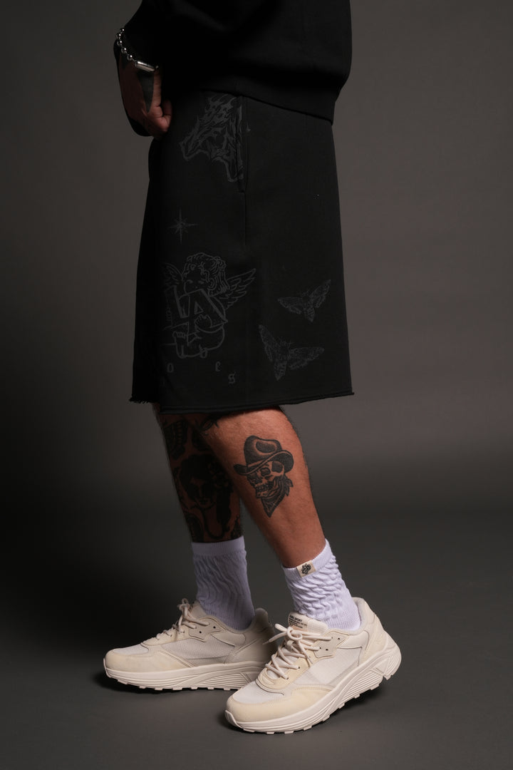 Homage To La Raw Hem Oversized Post Lounge Sweat Shorts in Black