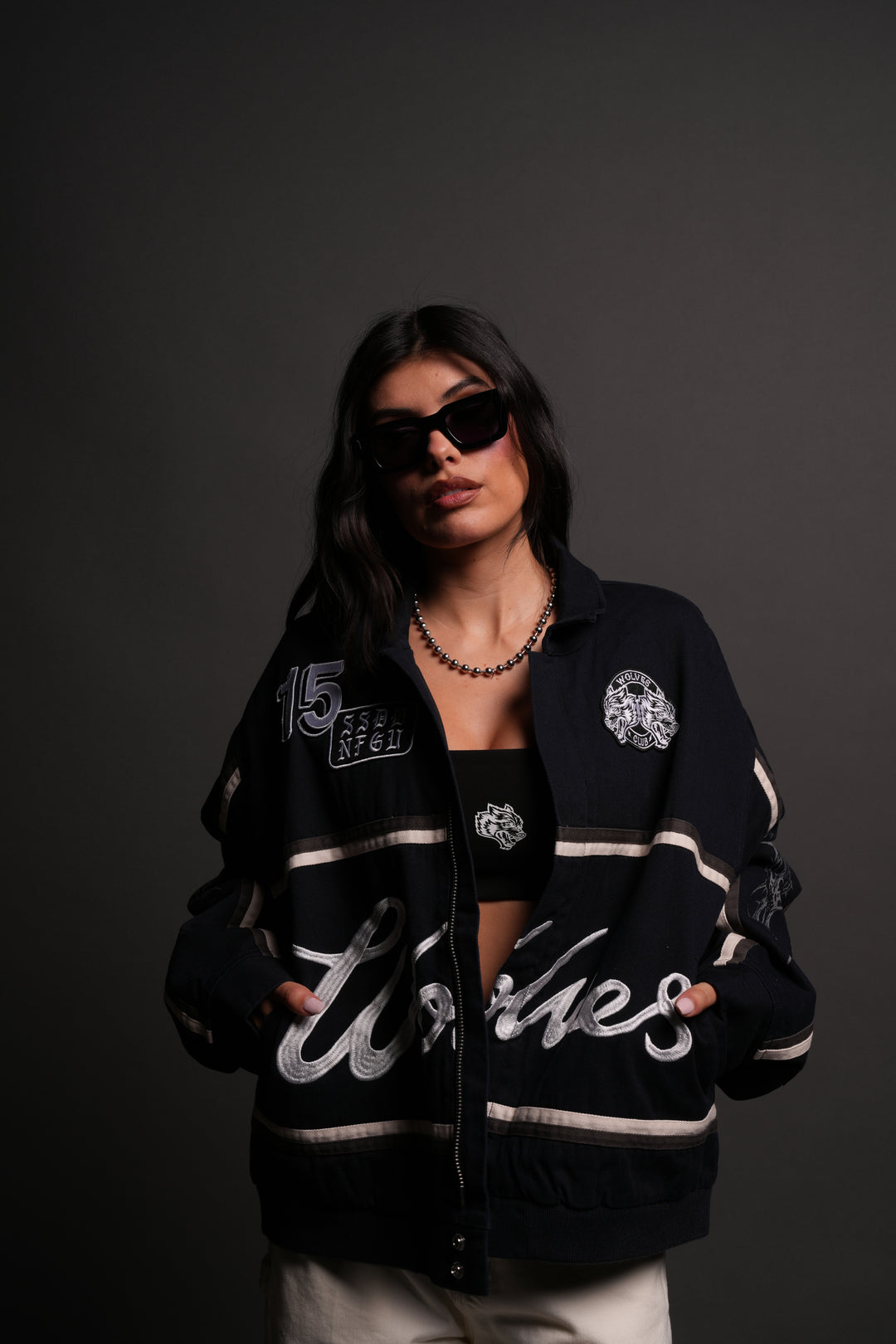 Wolves Club Script Big Moe Jacket in Navy/Cream/Wolf Gray