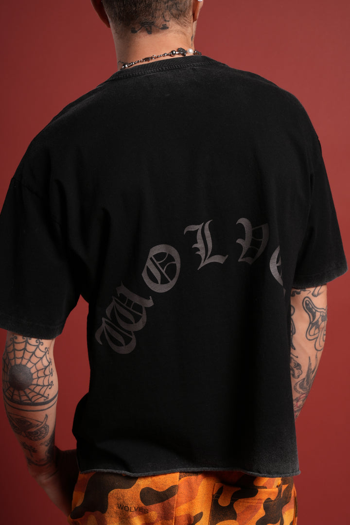 DSVD Legacy Grunge Mid-Length Raw Hem Tee in Black