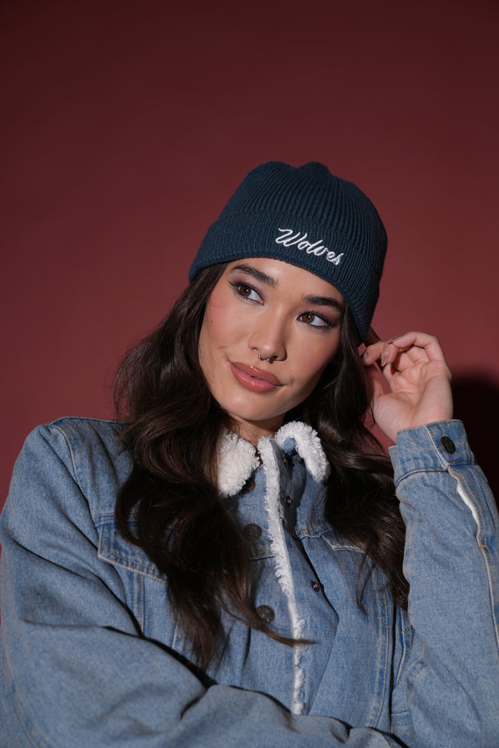 Wolves Cursive Beanie in Darc Blue