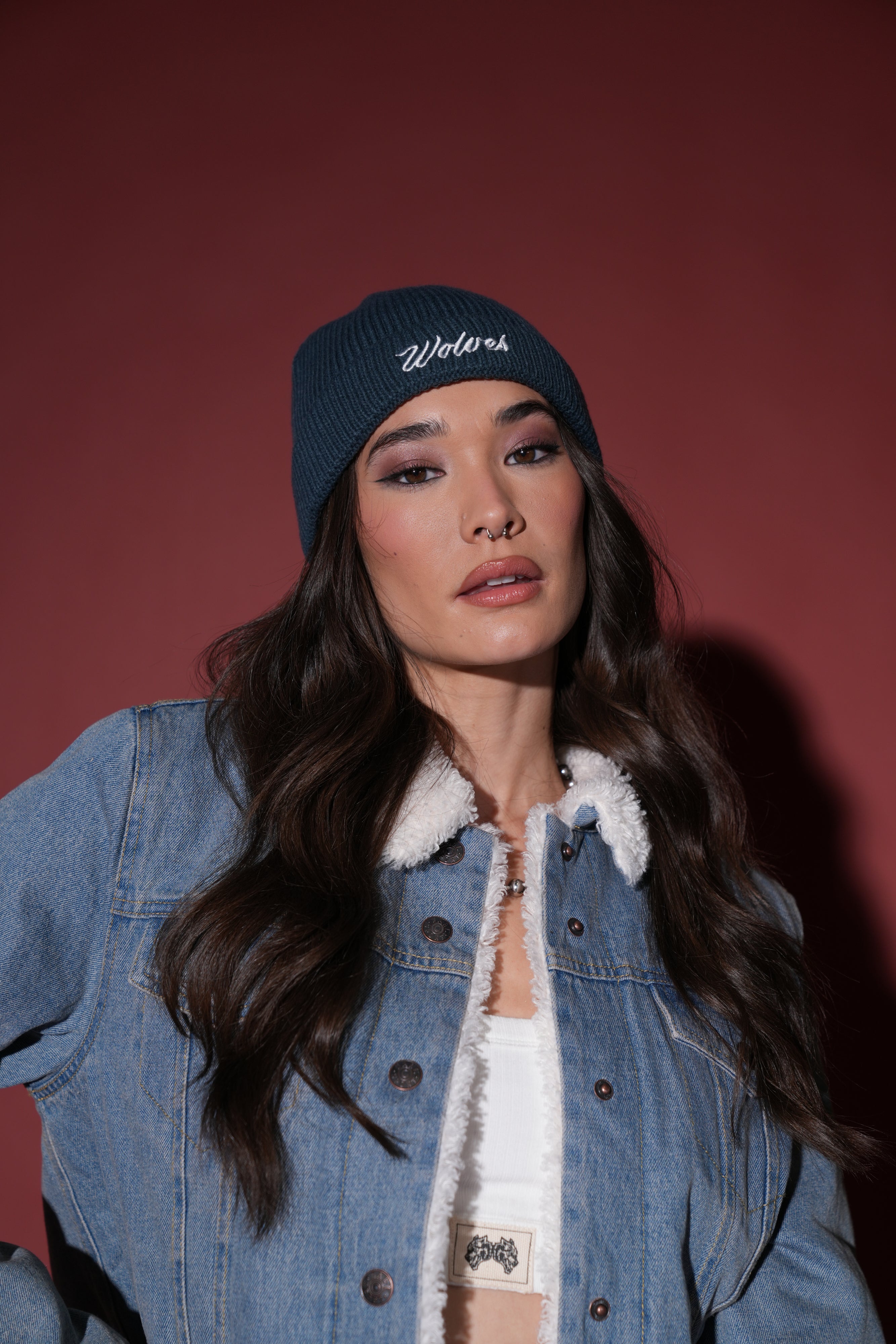 Wolves Cursive Beanie in Darc Blue