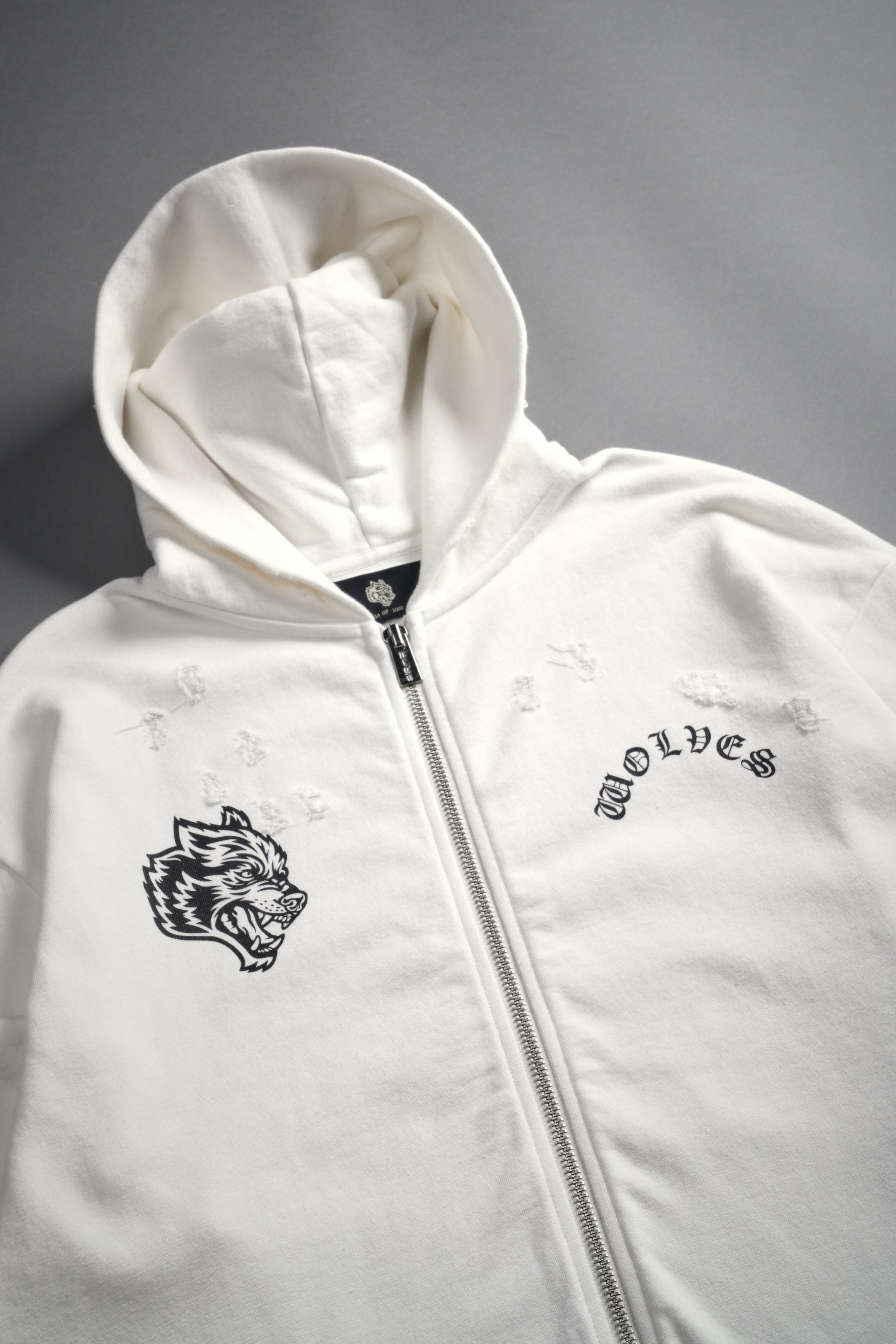 【即完品】BELVET Distressed Zip Hoodie white Los Cherub Distressed Grunge Mid Length Raw Hem Zip Hoodie in