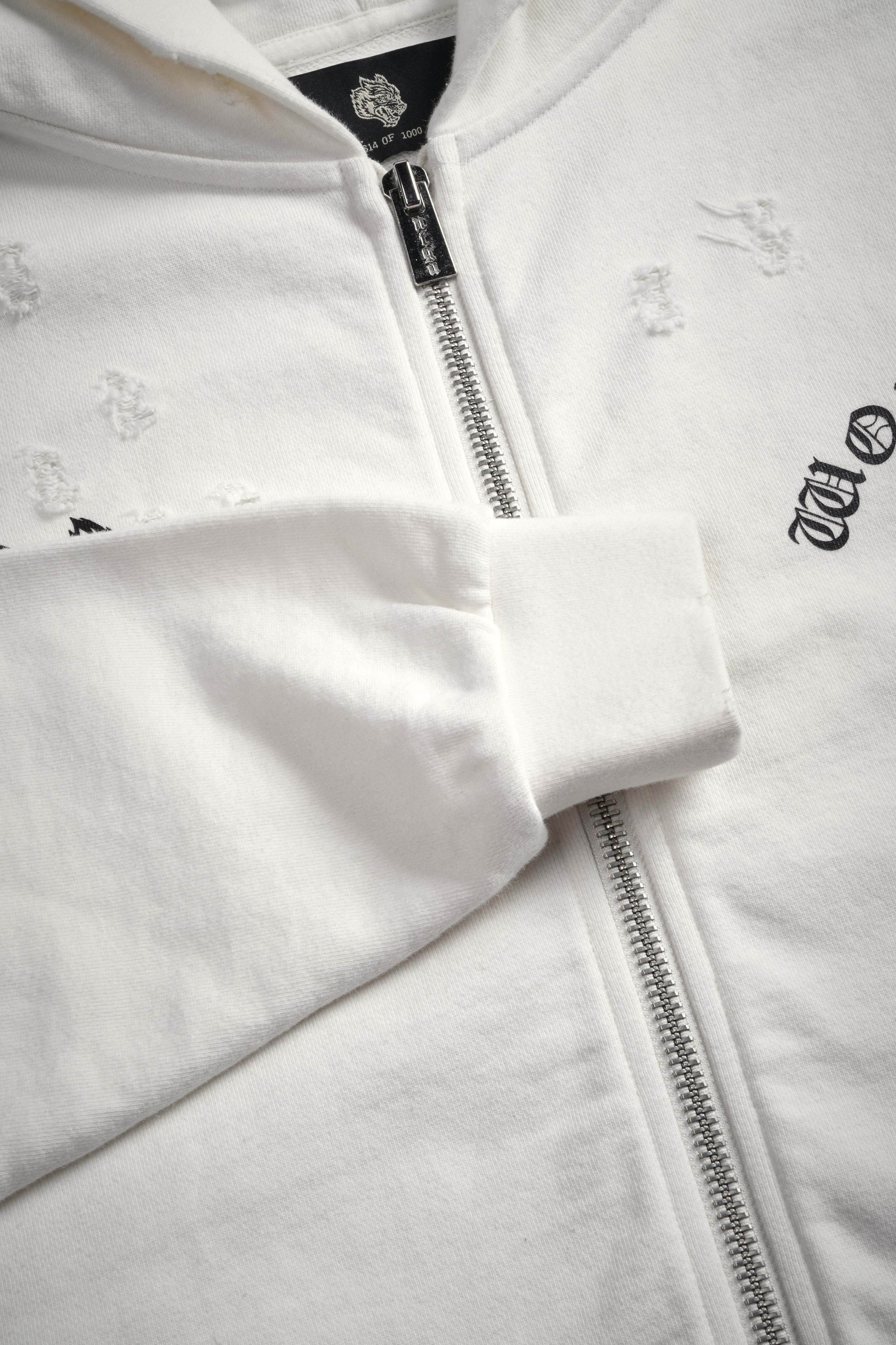 Los Cherub Distressed Grunge Mid Length Raw Hem Zip Hoodie in Cream