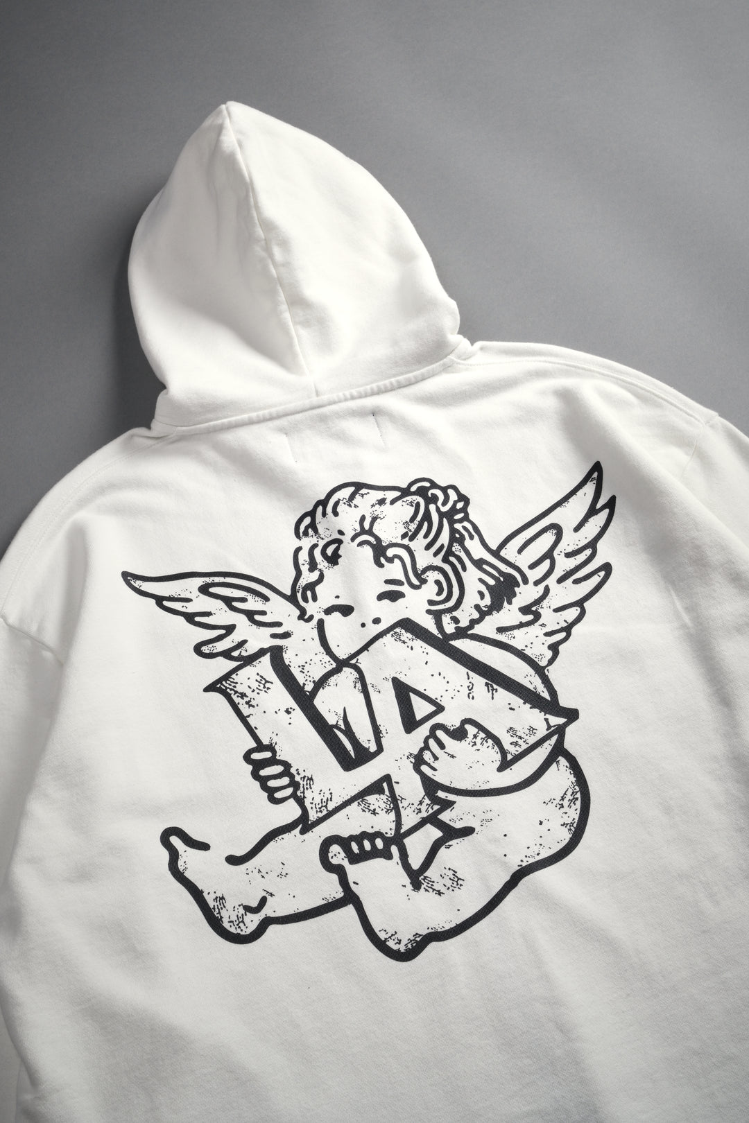 Los Cherub Distressed Grunge Mid Length Raw Hem Zip Hoodie in Cream