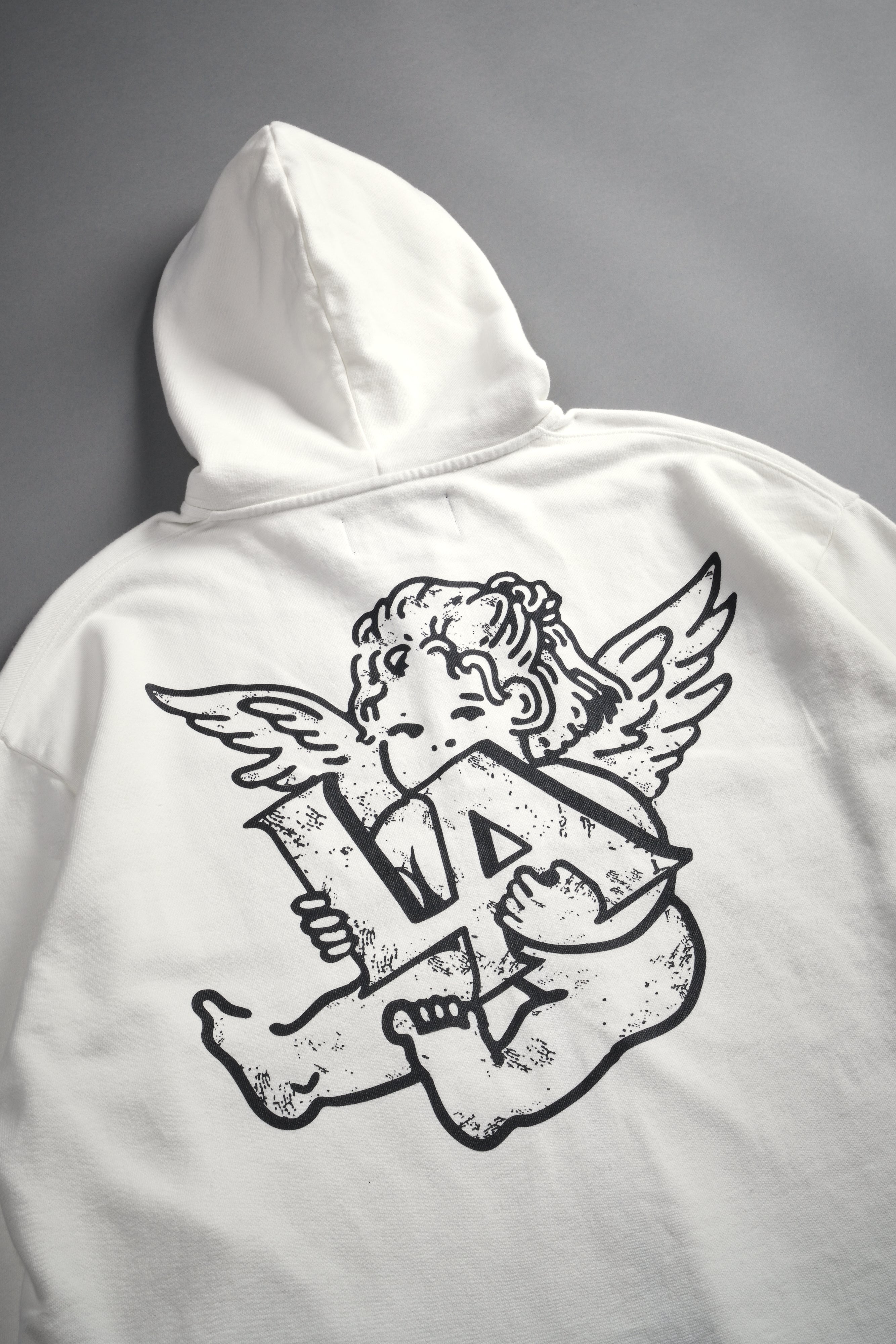Los Cherub Distressed Grunge Mid Length Raw Hem Zip Hoodie in Cream