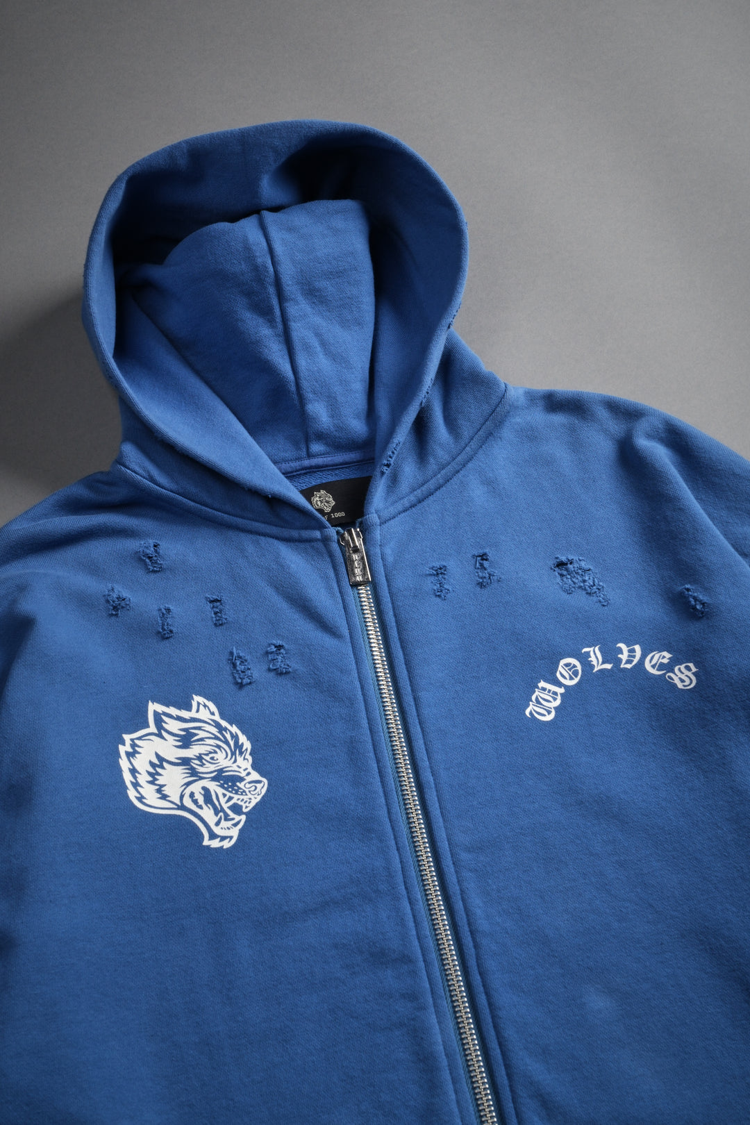 Los Cherub Distressed Grunge Mid Length Raw Hem Zip Hoodie in La Blue