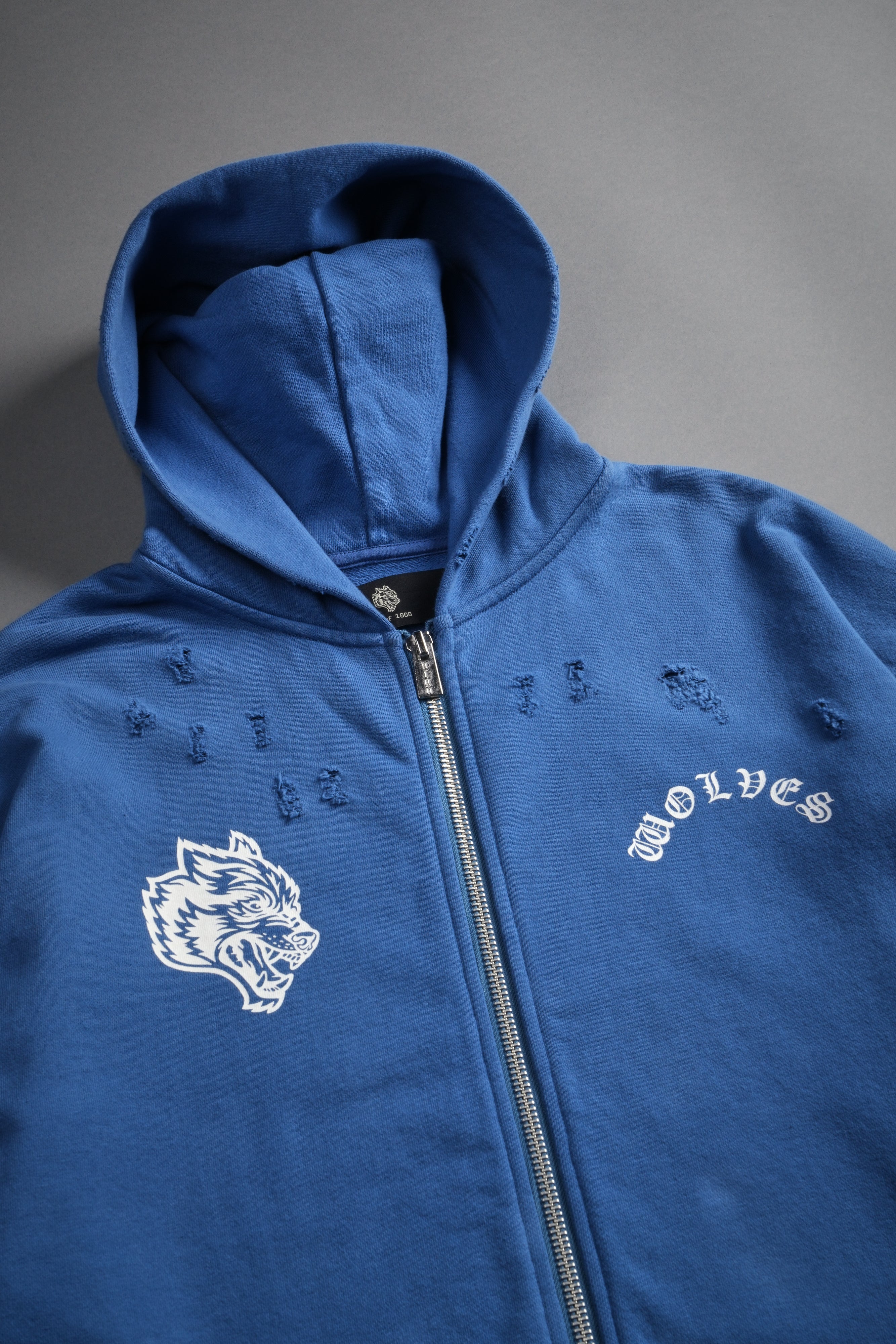 Los Cherub Distressed Grunge Mid Length Raw Hem Zip Hoodie in La Blue