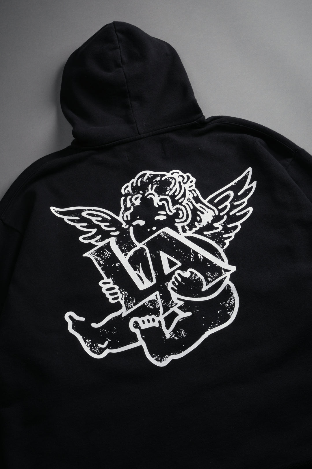 Los Cherub Distressed Grunge Mid Length Raw Hem Zip Hoodie in Black