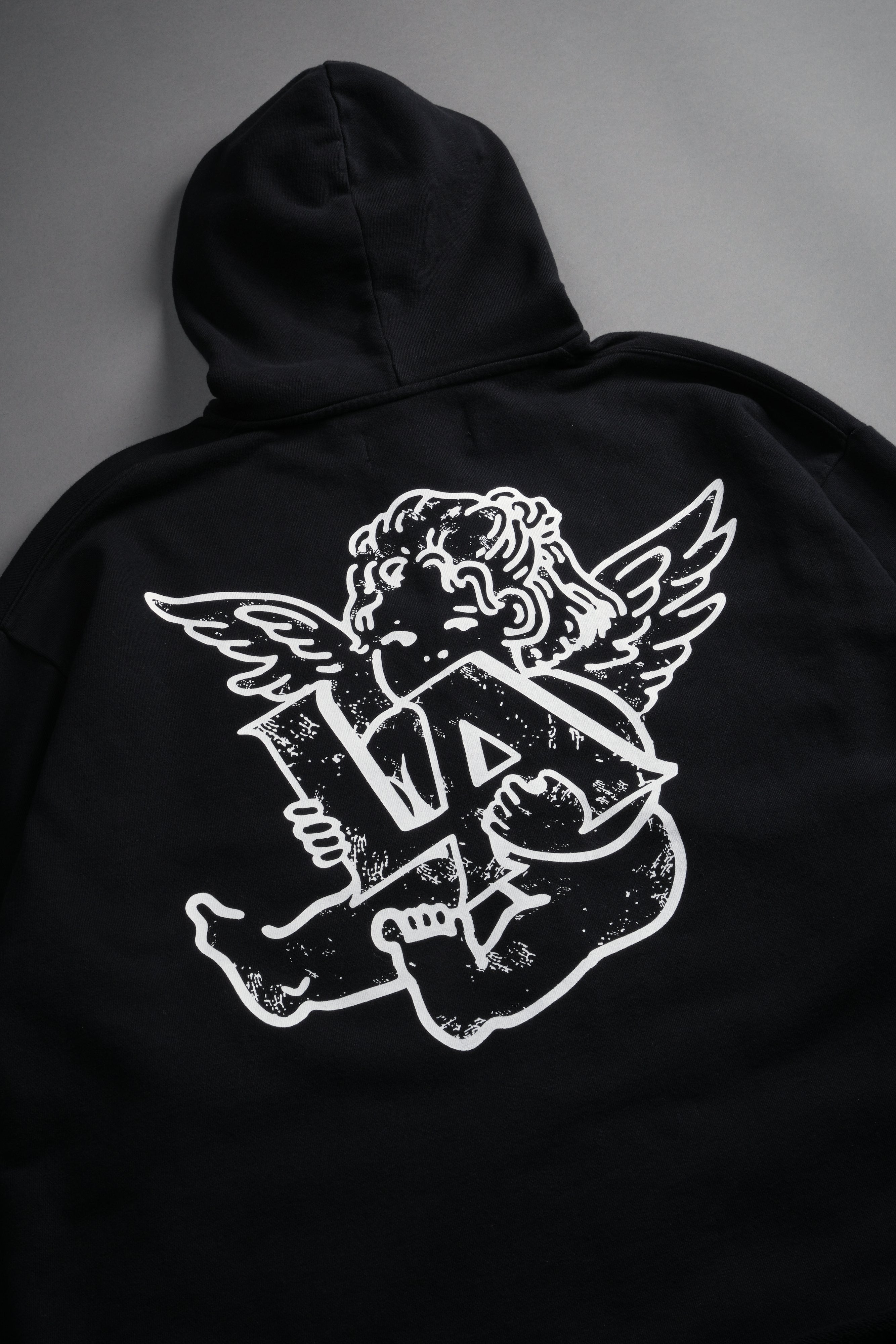 Los Cherub Distressed Grunge Mid Length Raw Hem Zip Hoodie in Black
