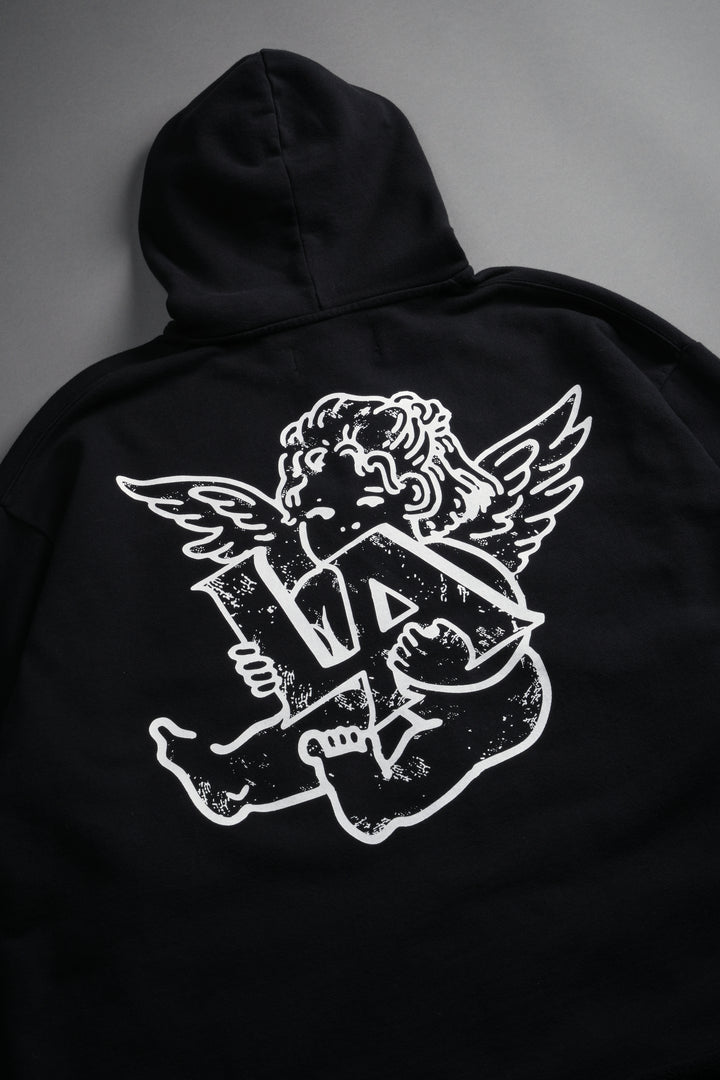 Los Cherub Distressed Grunge Mid Length Raw Hem Zip Hoodie in Black