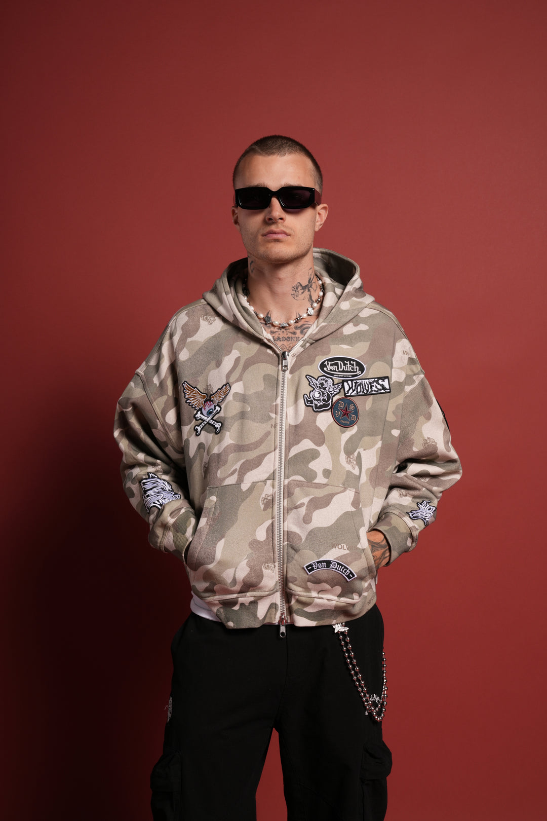 Darc Kulture Vex Double Zip Hoodie in DSVD Green Camo