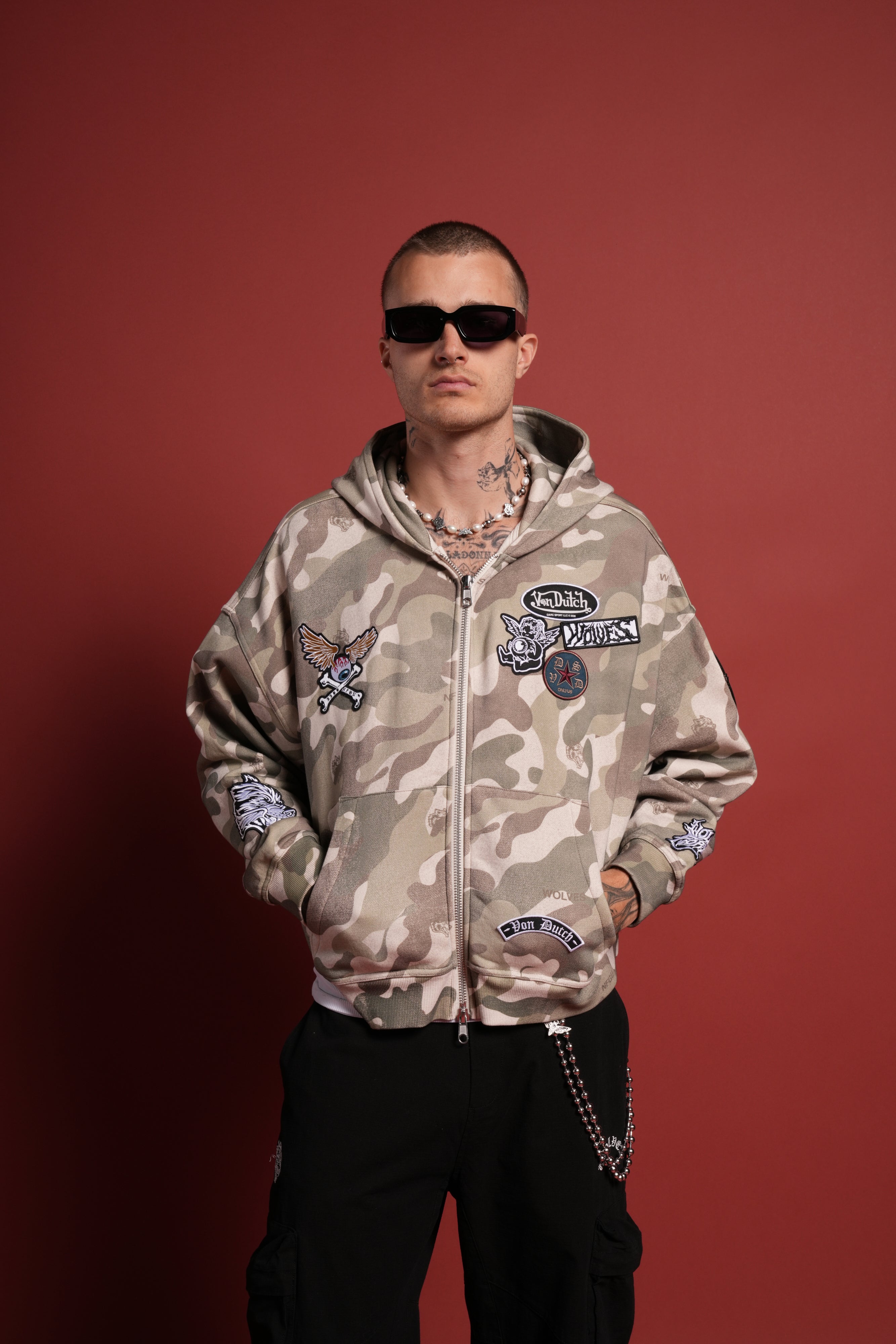 Darc Kulture Vex Double Zip Hoodie in DSVD Green Camo