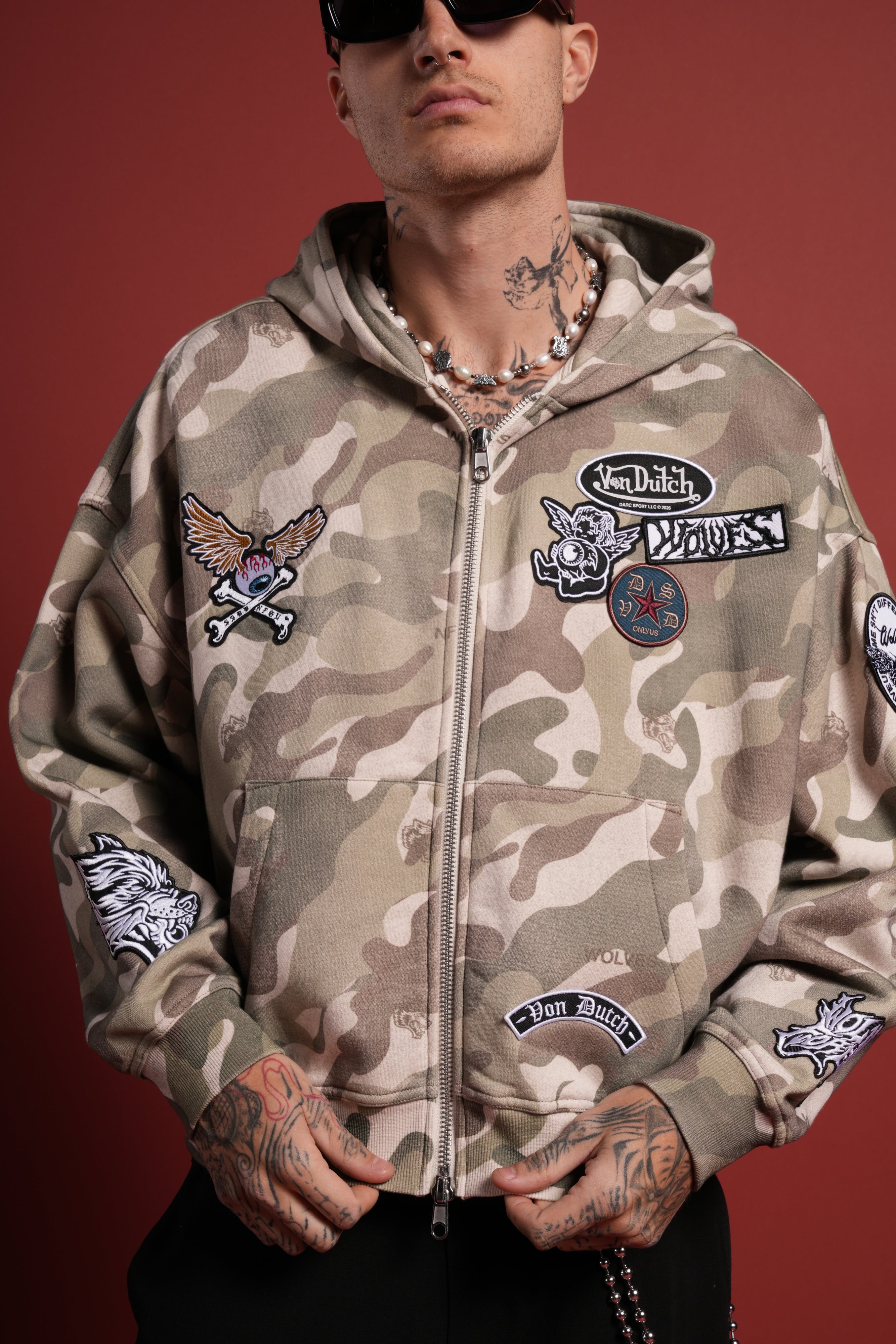 Darc Kulture Vex Double Zip Hoodie in DSVD Green Camo