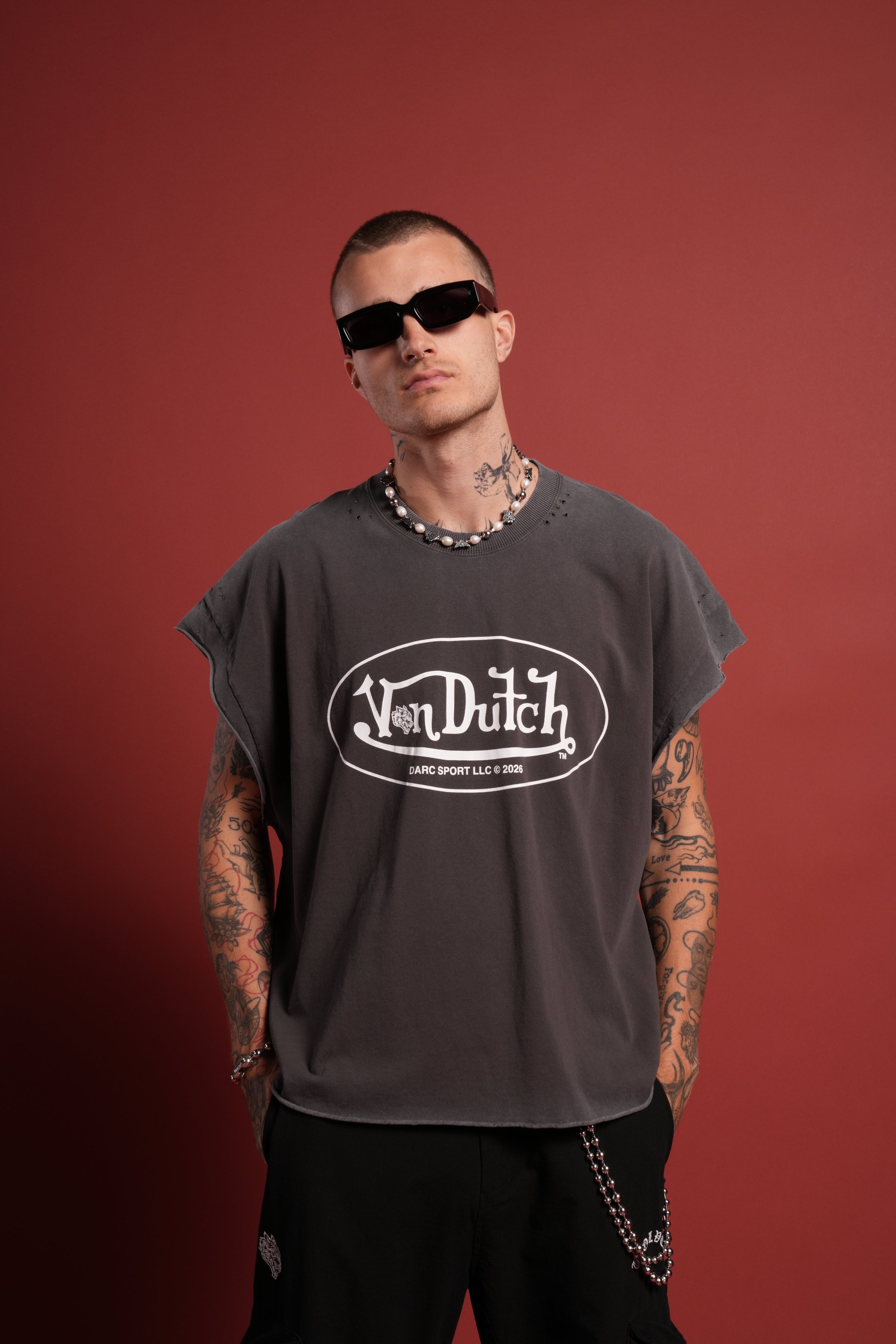 DSVD Legacy Distressed Grunge Cut-Off Mid-Length Raw Hem Tee in Wolf Gray