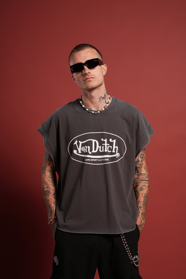 DSVD Legacy Distressed Grunge Cut-Off Mid-Length Raw Hem Tee in Wolf Gray