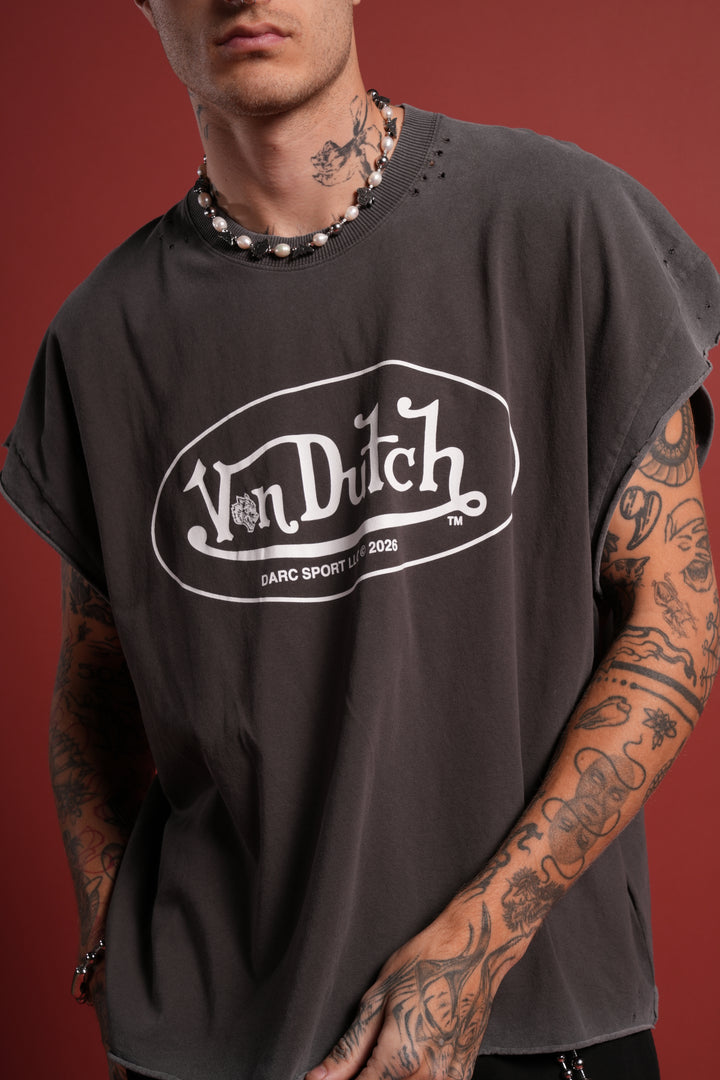 DSVD Legacy Distressed Grunge Cut-Off Mid-Length Raw Hem Tee in Wolf Gray