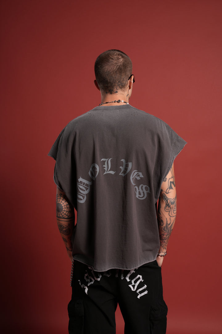 DSVD Legacy Distressed Grunge Cut-Off Mid-Length Raw Hem Tee in Wolf Gray