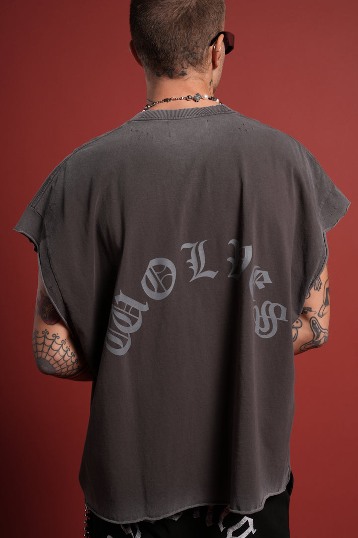 DSVD Legacy Distressed Grunge Cut-Off Mid-Length Raw Hem Tee in Wolf Gray