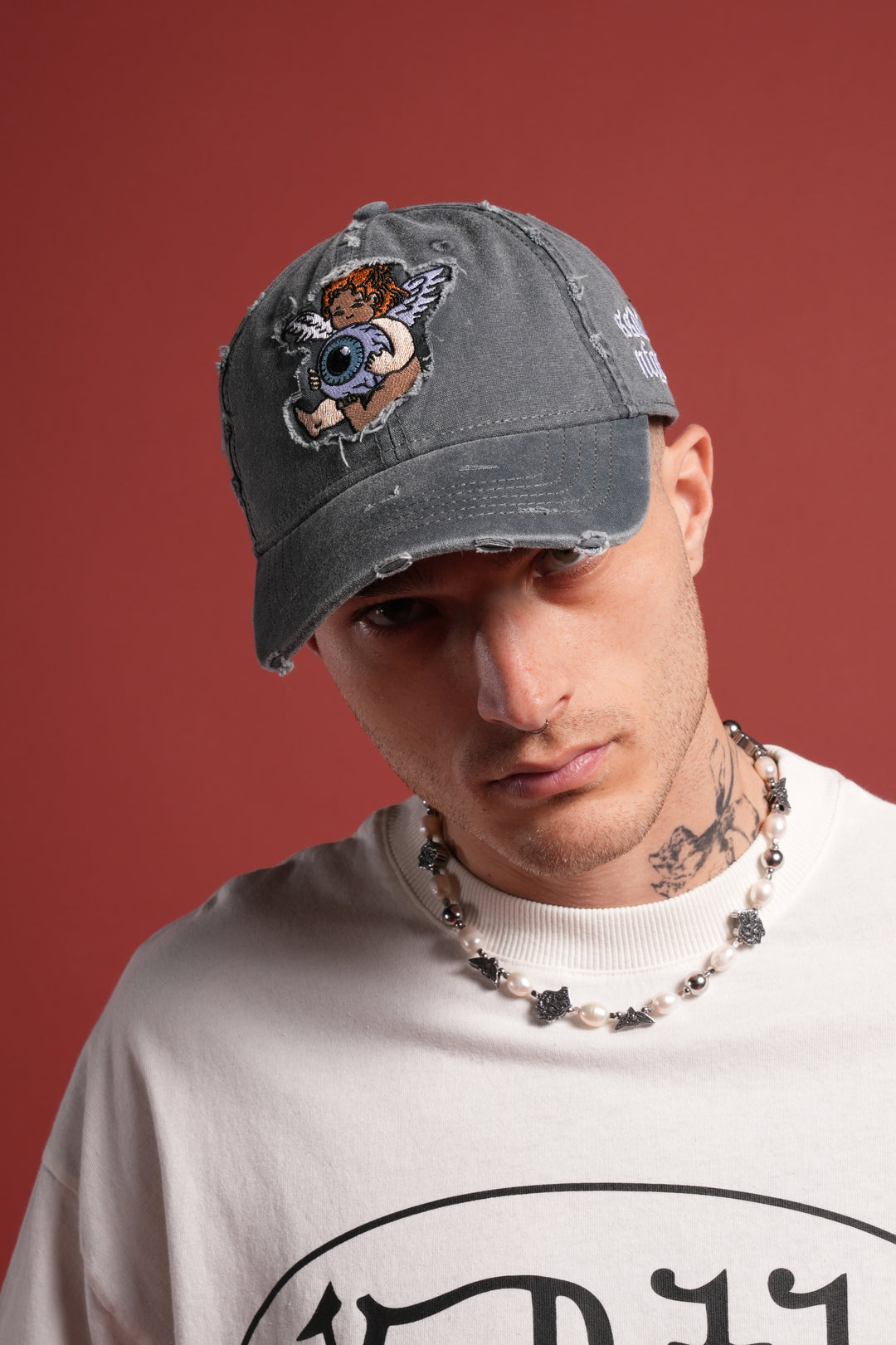 Cherub Eye Ball Distressed Dad Hat in Washed Wolf Gray