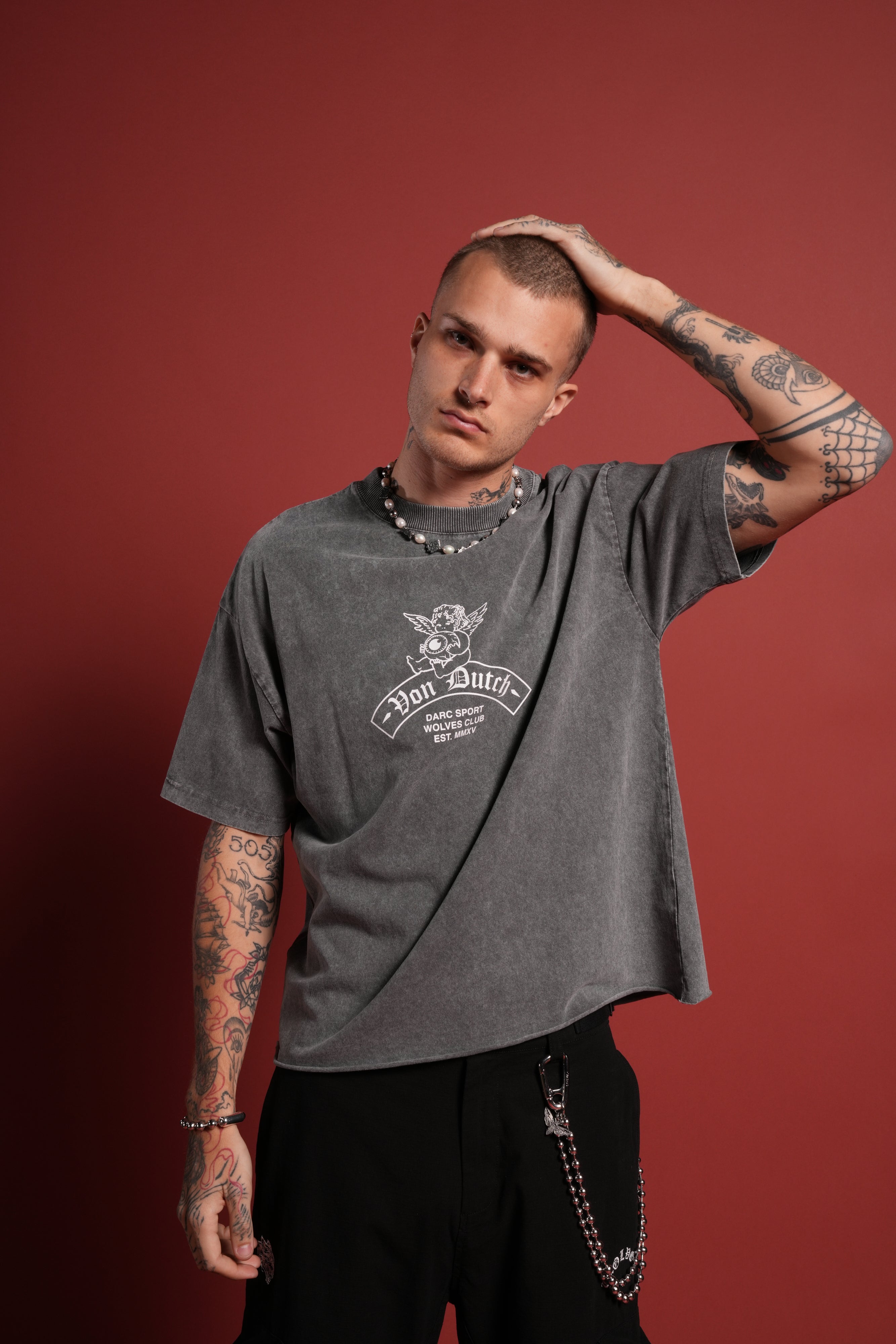 Darc Covenant Grunge Mid-Length Raw Hem Tee in Wolf Gray