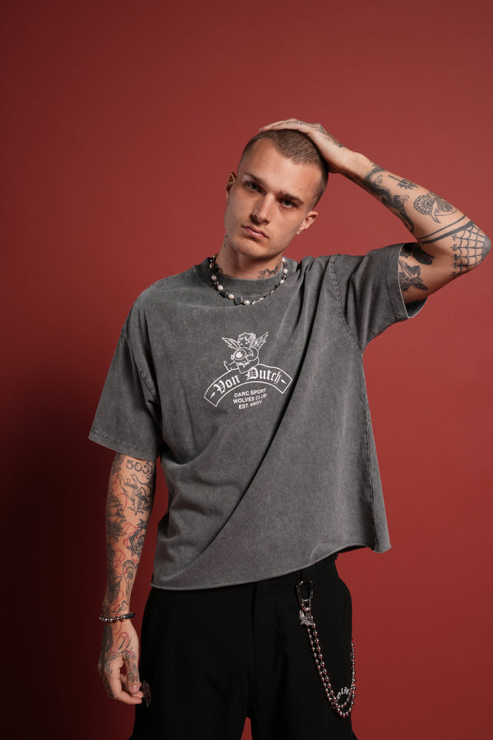 Darc Covenant Grunge Mid-Length Raw Hem Tee in Wolf Gray
