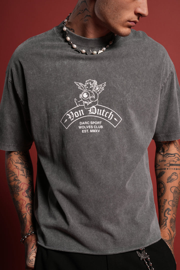 Darc Covenant Grunge Mid-Length Raw Hem Tee in Wolf Gray